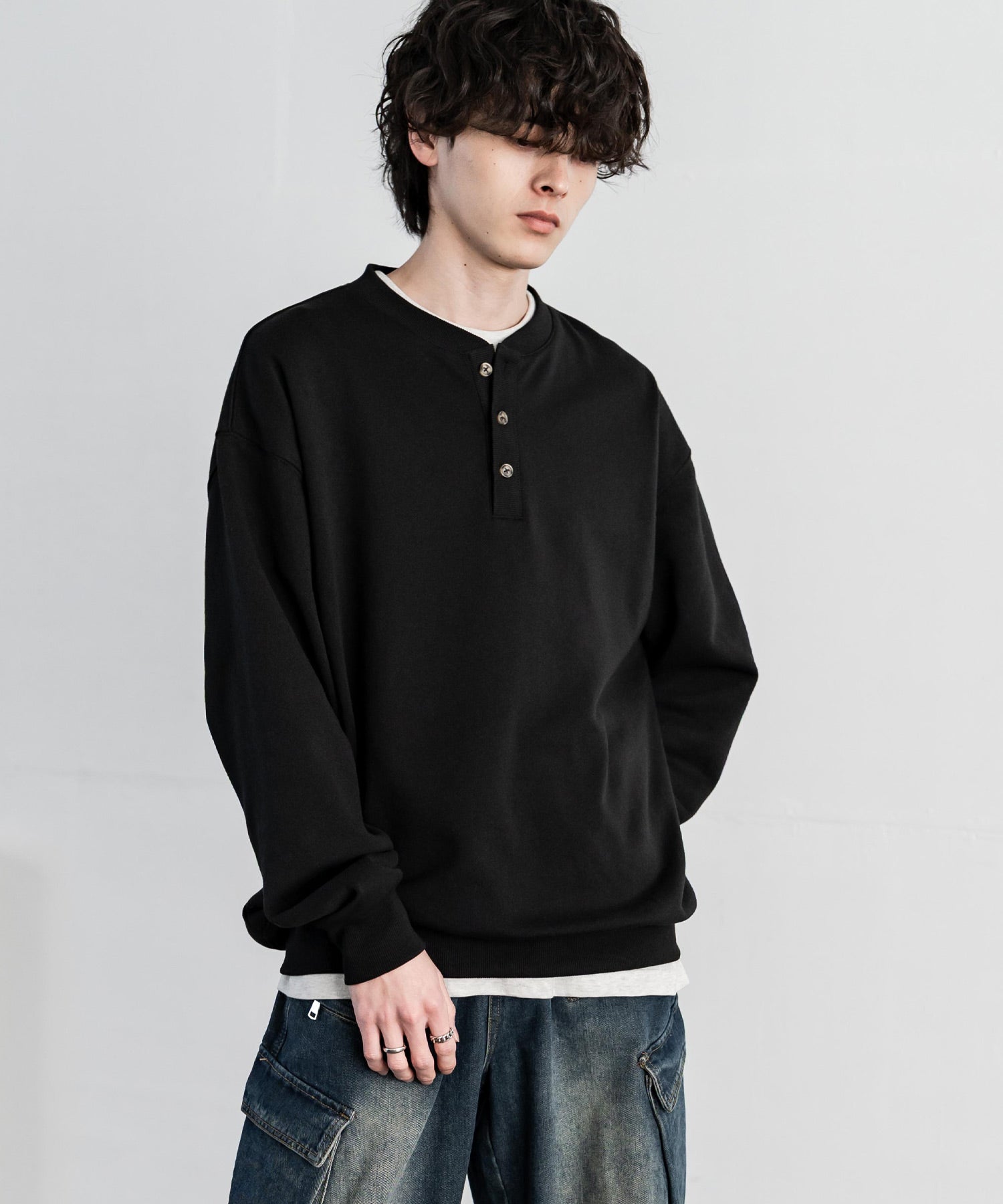 ロッキーモンロー Rocky Monroe トレーナー スウェット 裏毛 ヘンリーネック メンズ レディース 裏パイル 長袖 Tシャツ カットソー オーバーサイズ レイヤード セットアップ対応 15436 (ネイビー) ネイビー