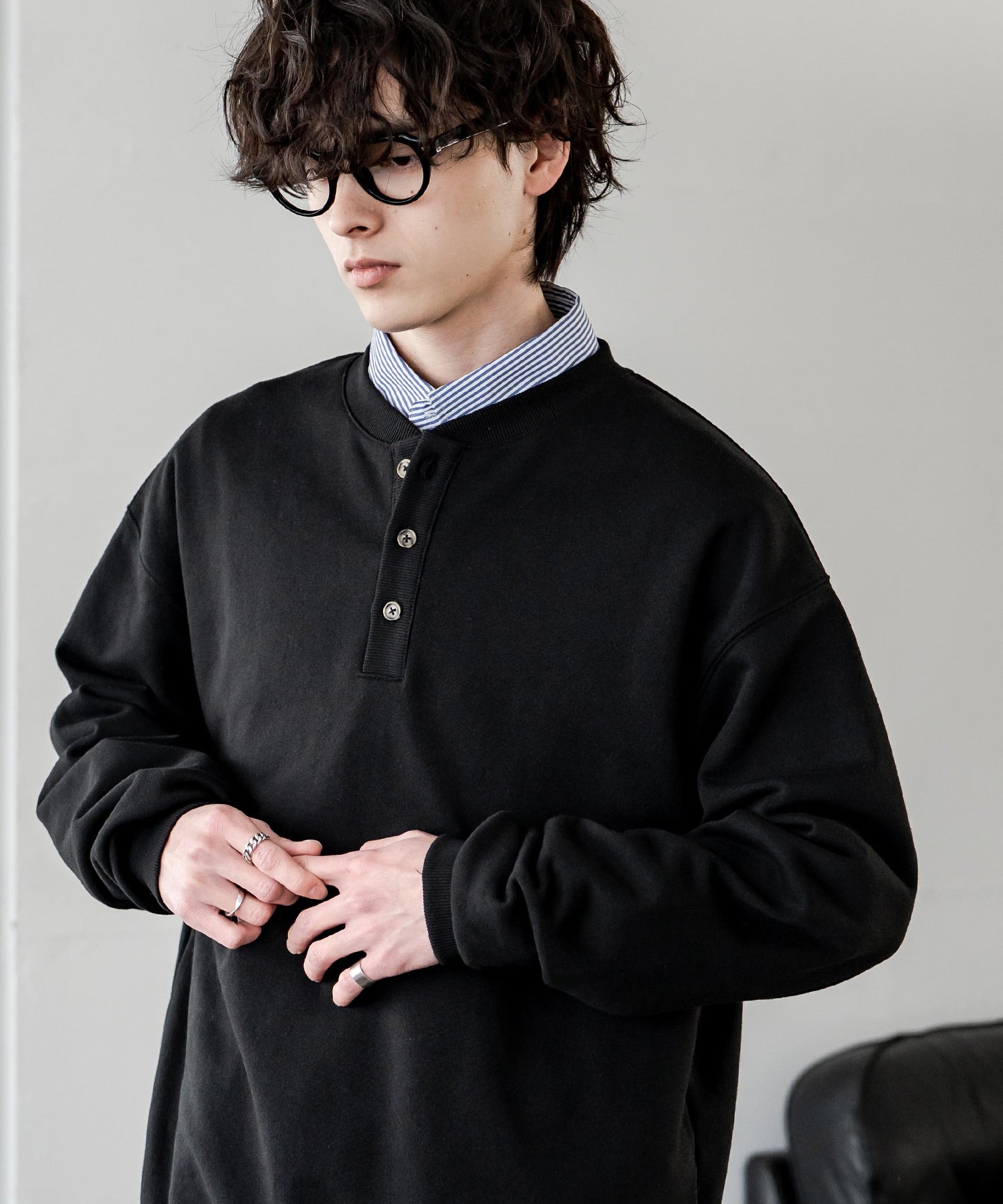 ロッキーモンロー Rocky Monroe トレーナー スウェット 裏毛 ヘンリーネック メンズ レディース 裏パイル 長袖 Tシャツ カットソー オーバーサイズ レイヤード セットアップ対応 15436 (ネイビー) ネイビー