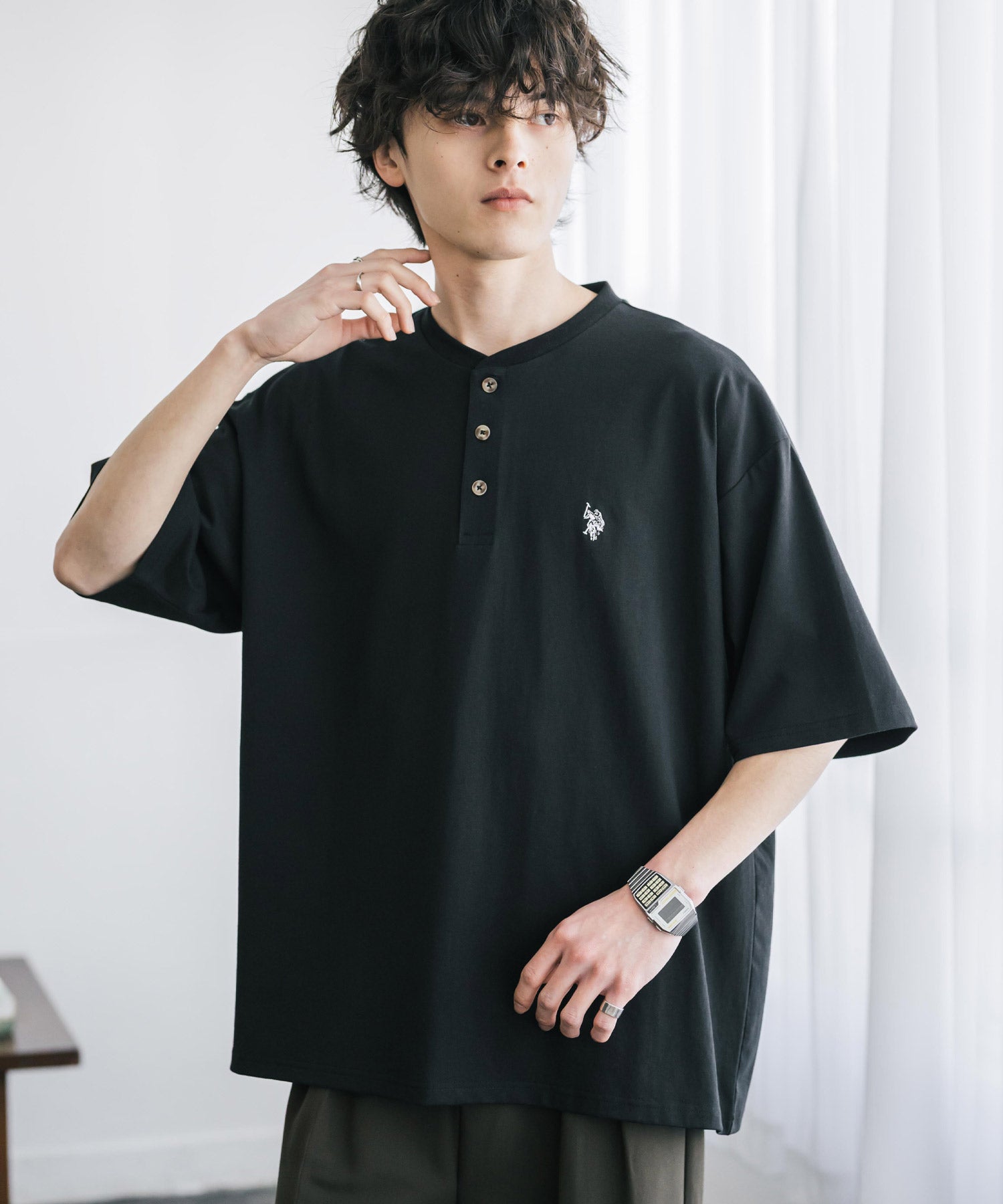 ロッキーモンロー Rocky Monroe U.S. POLO ASSN. ユーエスポロアッスン Tシャツ ヘンリーネック 半袖 メンズ レディース 天竺 カットソー リラックス 15427 (ブラック) ブラック