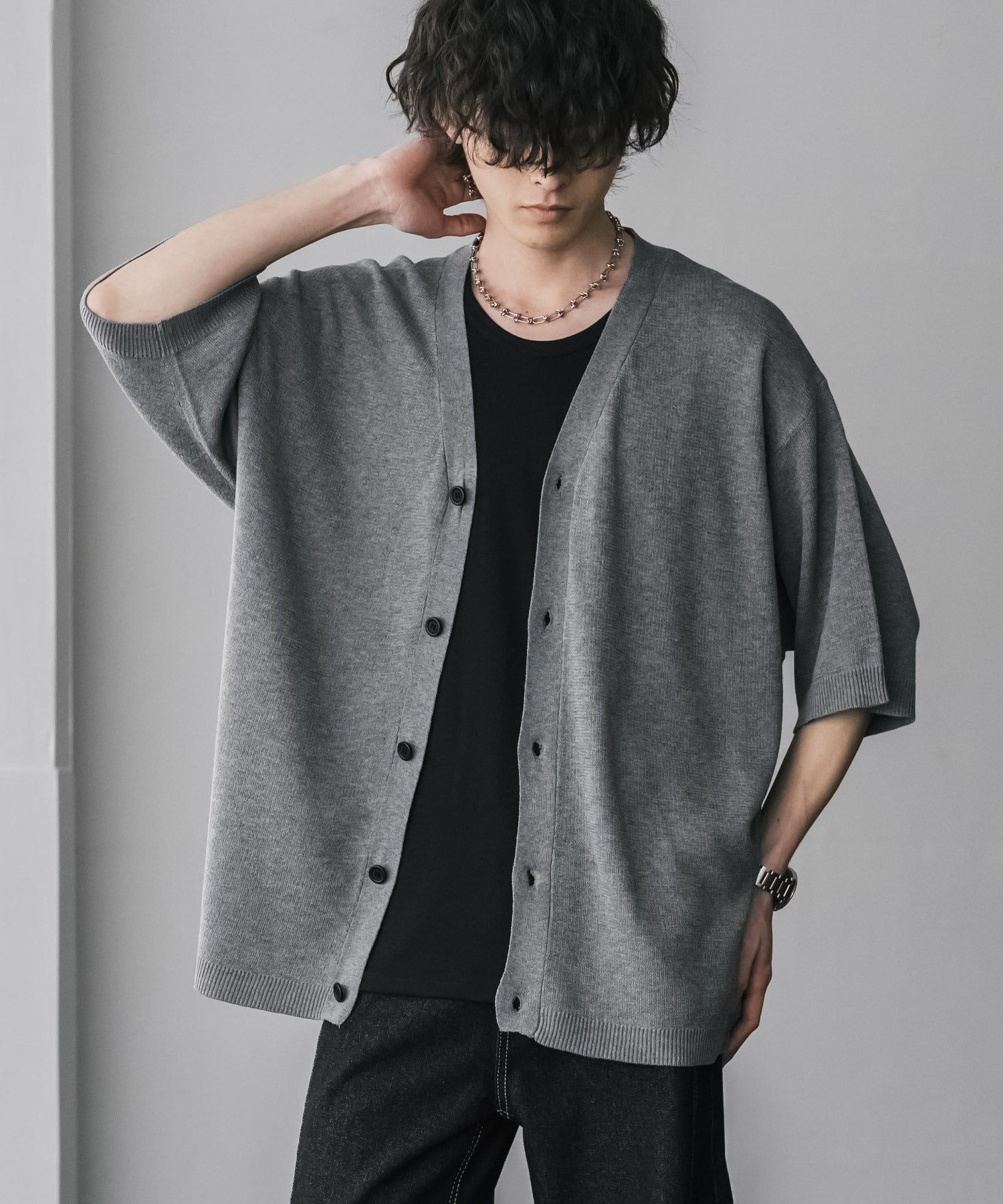 ロッキーモンロー Rocky Monroe 接触冷感 カーディガン サマーニット 半袖 メンズ レディース UVカット 無地 Vネック ライトアウター ゆるニット ハイゲージ オーバーサイズ 15472 (グレー) グレー