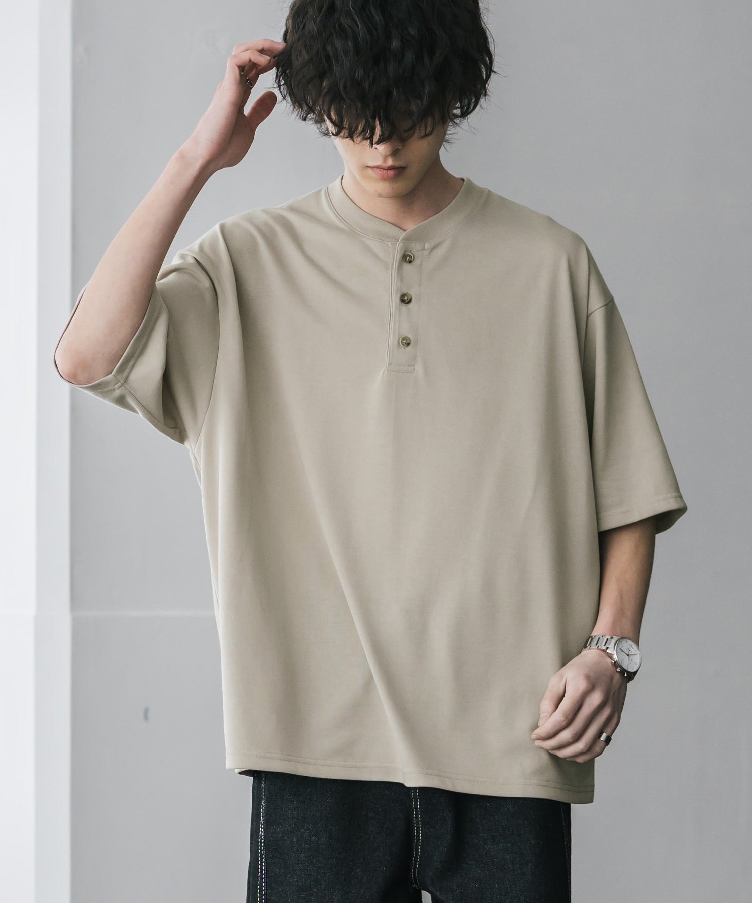 ロッキーモンロー Rocky Monroe Tシャツ 半袖 無地 ヘンリーネック メンズ レディース カットソー 多機能 接触冷感 遮熱 UVカット コットンタッチ 吸水拡散 リラックス 15428 (グレージュ) グレージュ