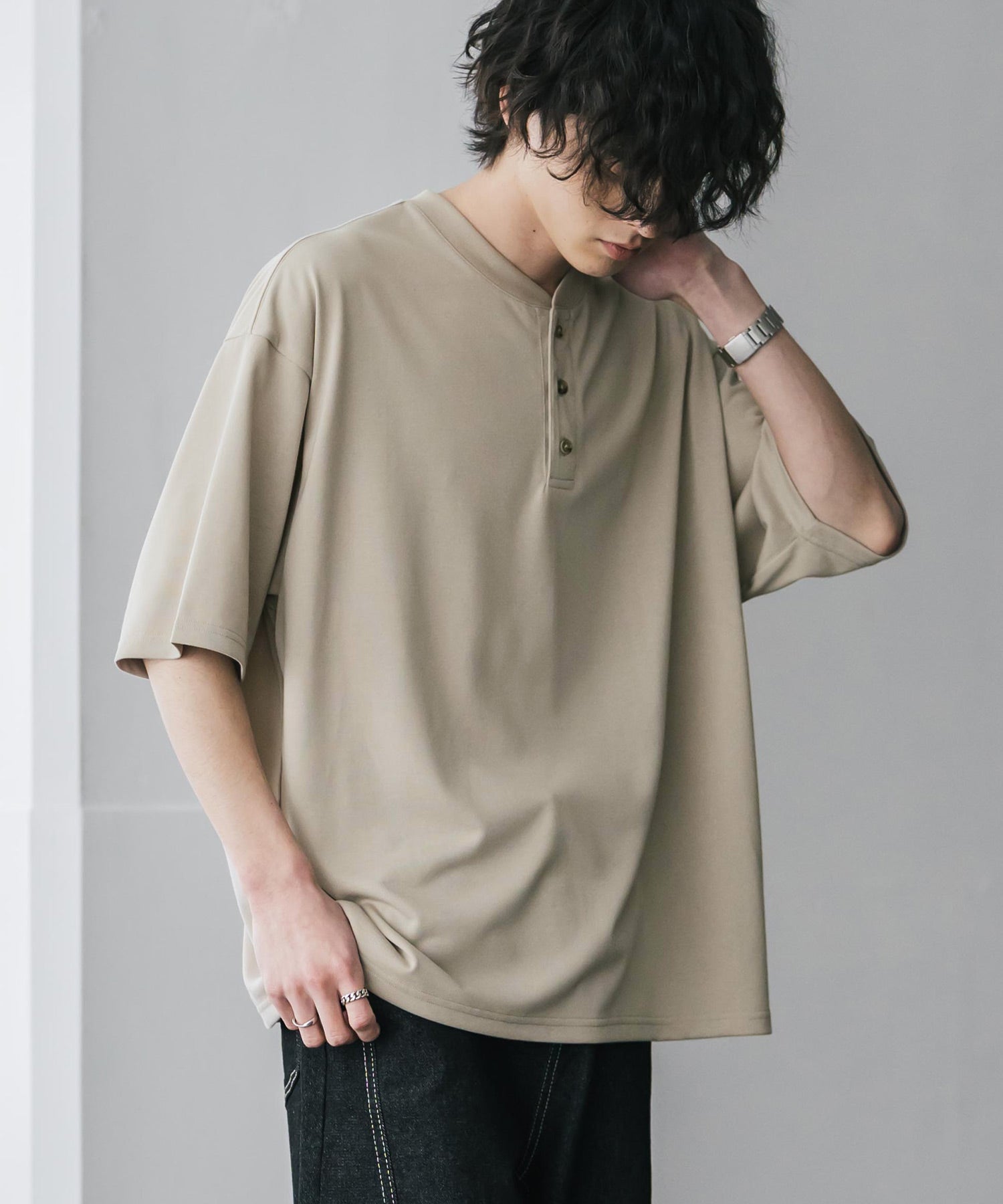 ロッキーモンロー Rocky Monroe Tシャツ 半袖 無地 ヘンリーネック メンズ レディース カットソー 多機能 接触冷感 遮熱 UVカット コットンタッチ 吸水拡散 リラックス 15428 (グレージュ) グレージュ