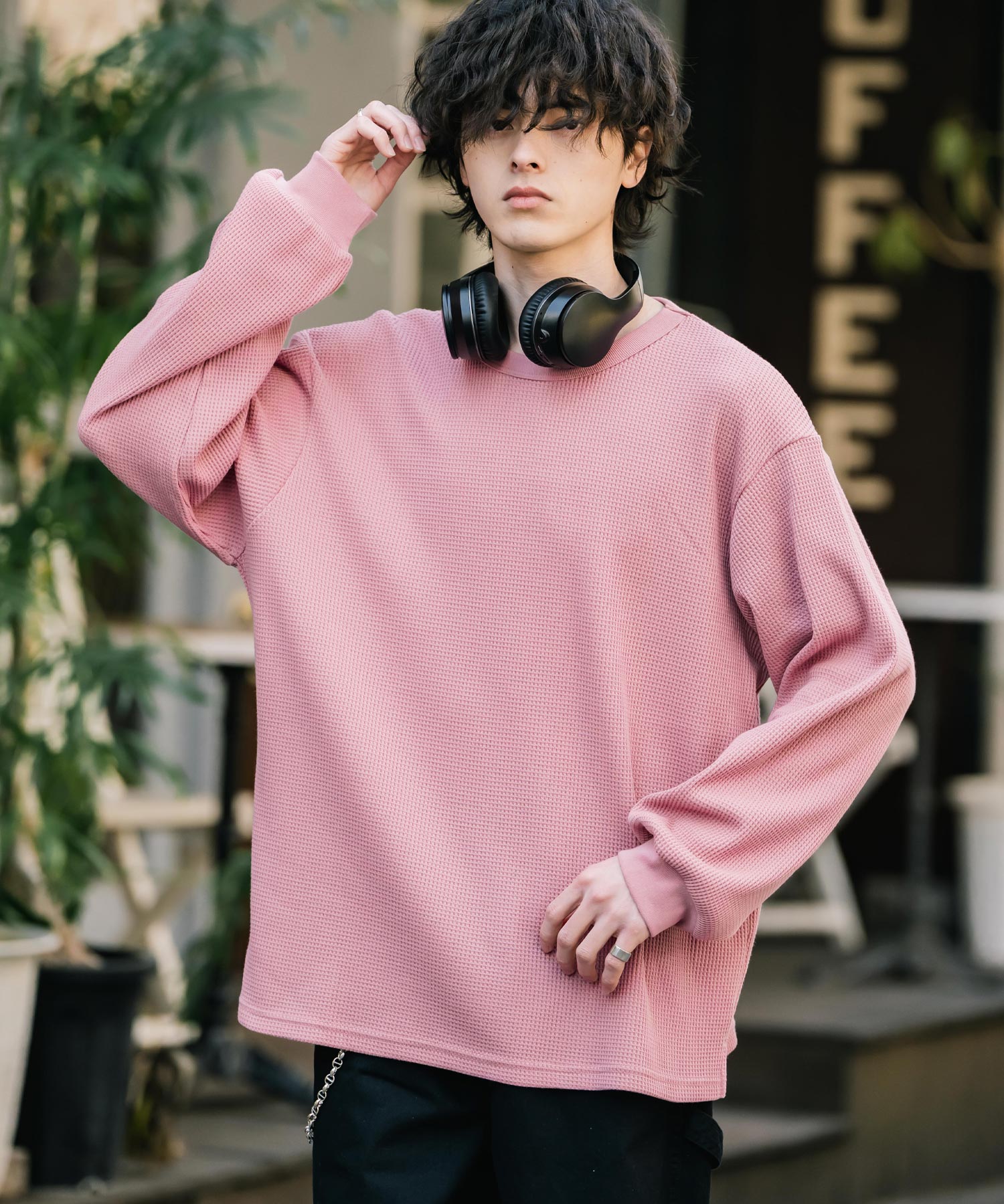 ロッキーモンロー Rocky Monroe Tシャツ 長袖 ワッフル メンズ レディース ロンT カットソー クルーネック 無地 シンプル リラックス ルーズシルエット レイヤード 14621 (ピンク) ピンク