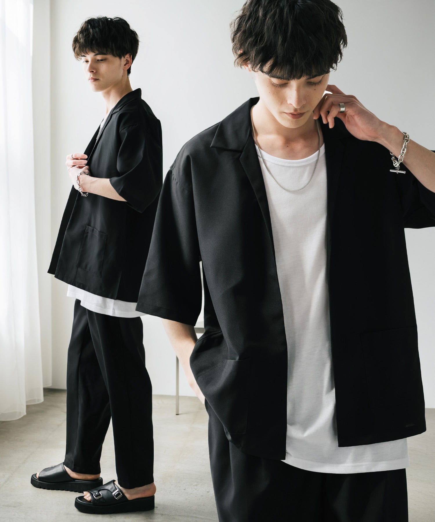 ロッキーモンロー Rocky Monroe 接触冷感 3点セット セットアップ メンズ シャツジャケット 5分袖 ワイドパンツ テーパード タンクトップ ノースリーブ オーバーサイズ 無地 9823 (ブラック) ブラック