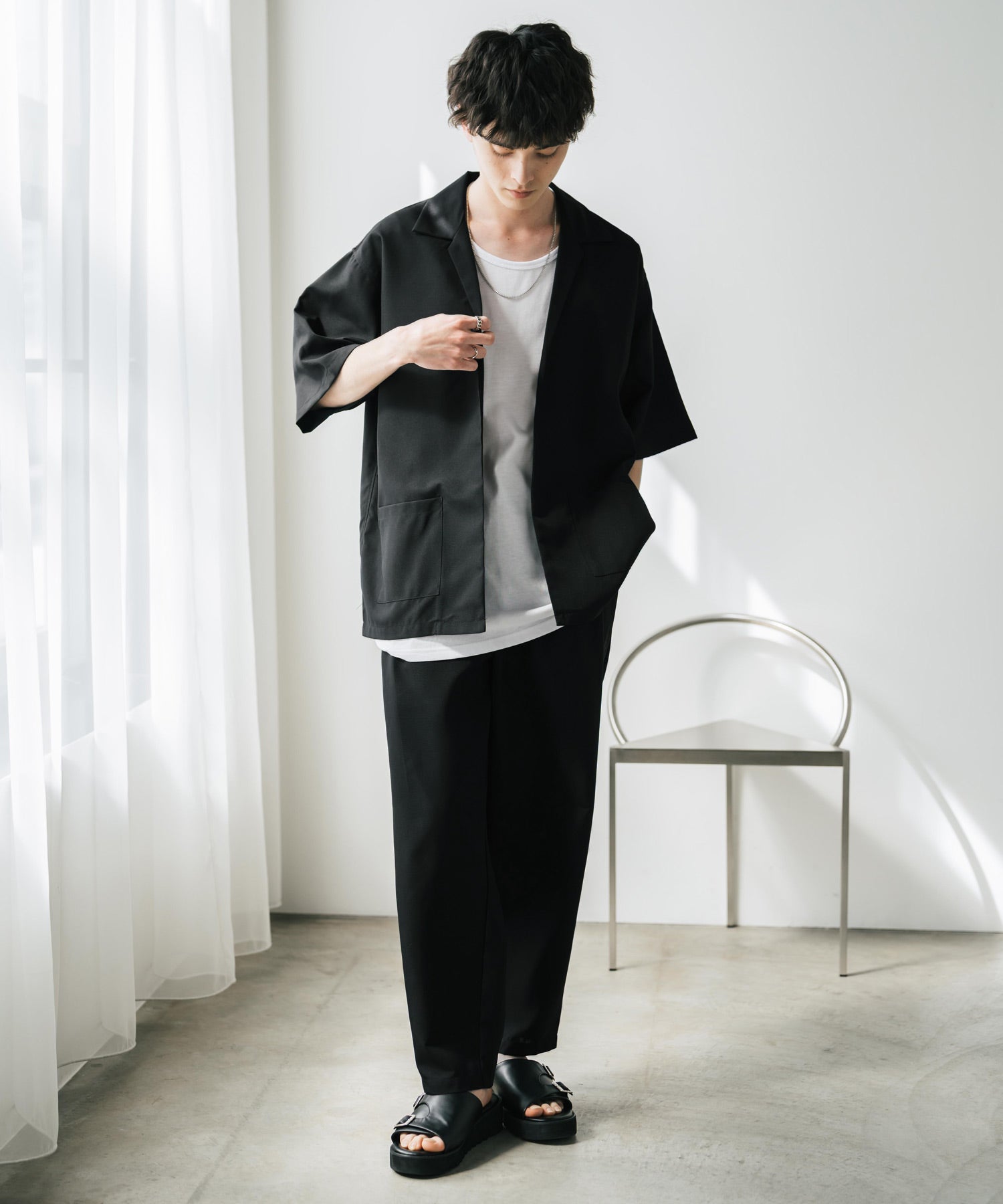 ロッキーモンロー Rocky Monroe 接触冷感 3点セット セットアップ メンズ シャツジャケット 5分袖 ワイドパンツ テーパード タンクトップ ノースリーブ オーバーサイズ 無地 9823 (ブラック) ブラック