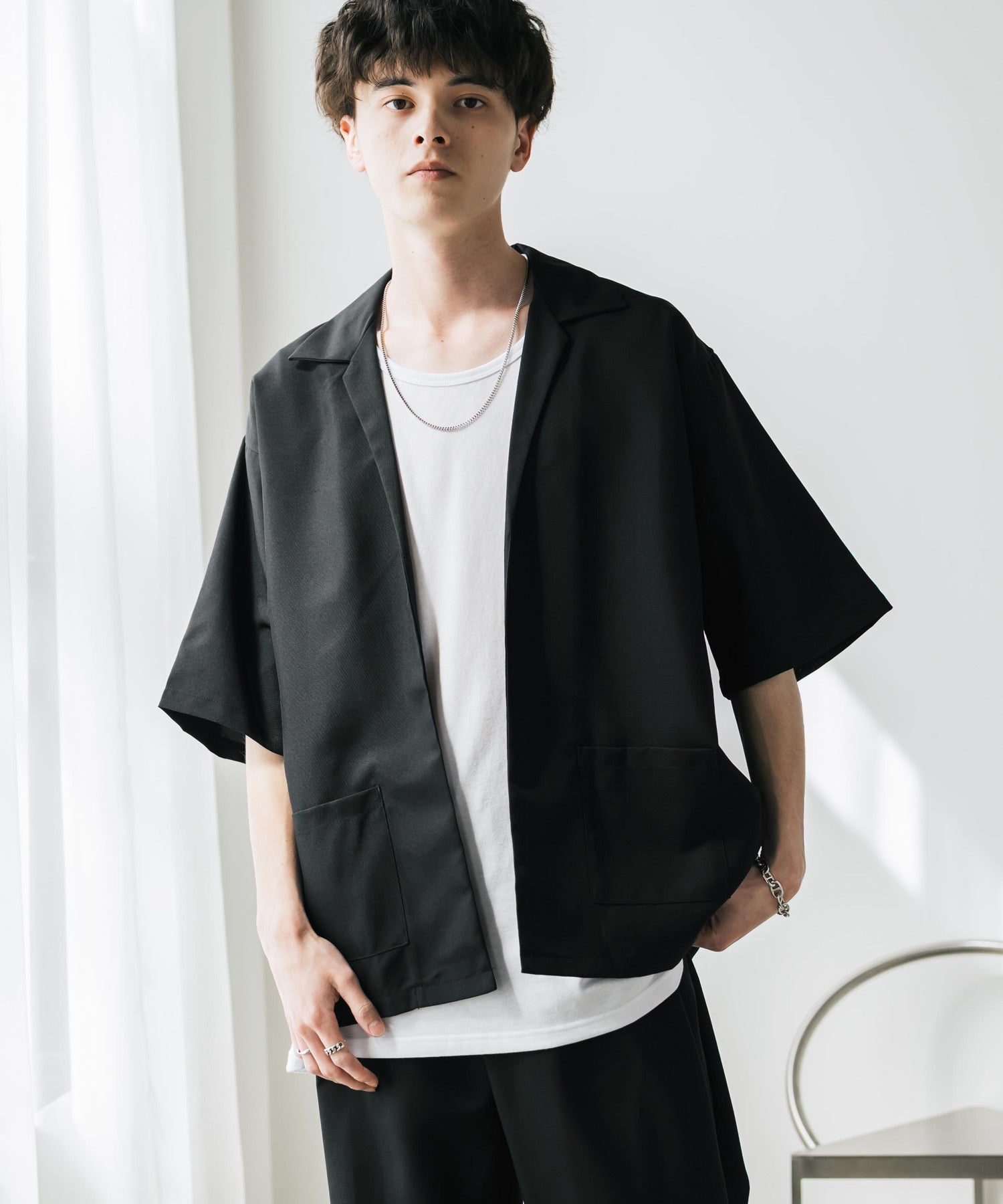 ロッキーモンロー Rocky Monroe 接触冷感 3点セット セットアップ メンズ シャツジャケット 5分袖 ワイドパンツ テーパード タンクトップ ノースリーブ オーバーサイズ 無地 9823 (ブラック) ブラック