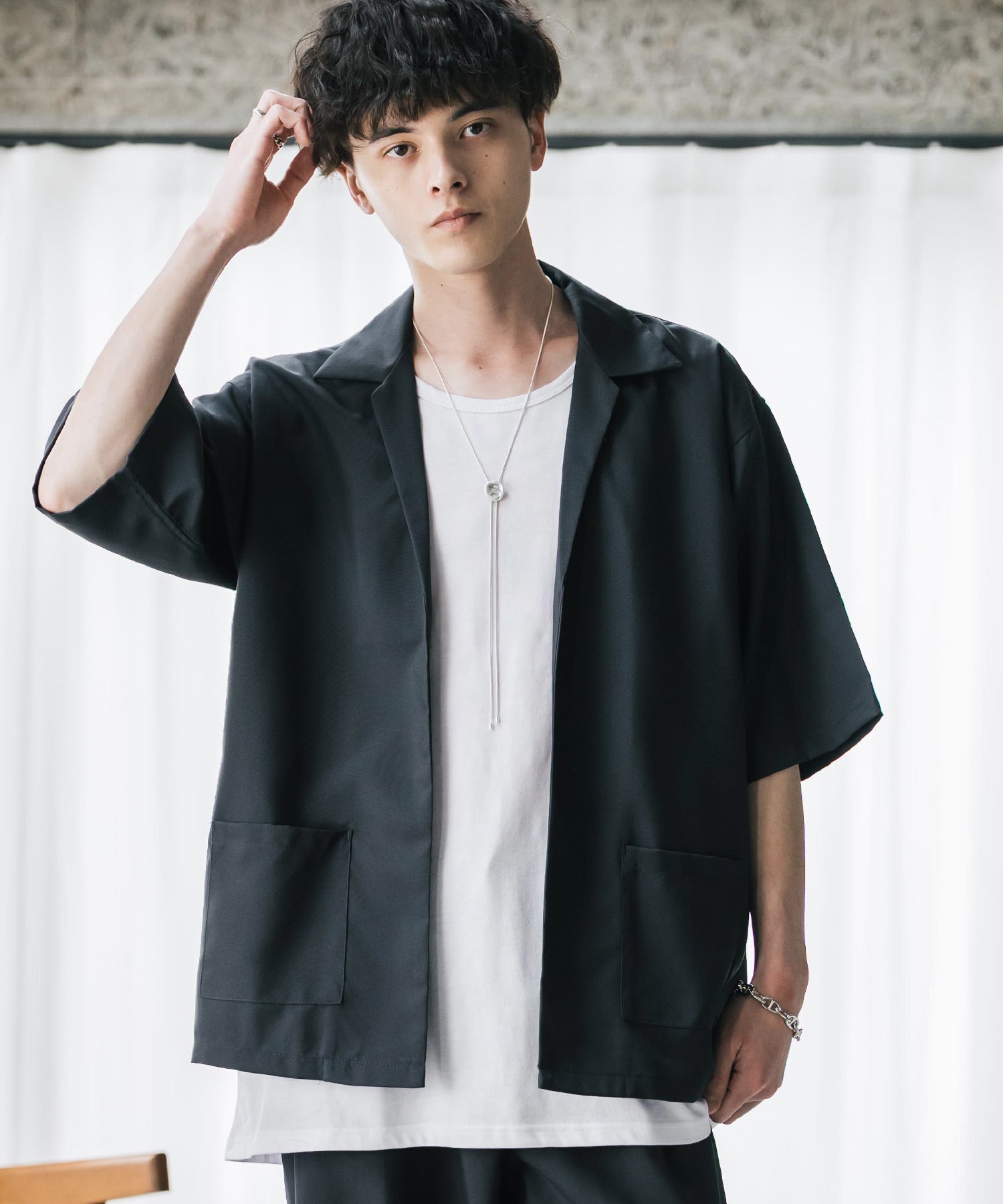 ロッキーモンロー Rocky Monroe 接触冷感 3点セット セットアップ メンズ シャツジャケット 5分袖 ワイドパンツ テーパード タンクトップ ノースリーブ オーバーサイズ 無地 9823 (ブラック) ブラック