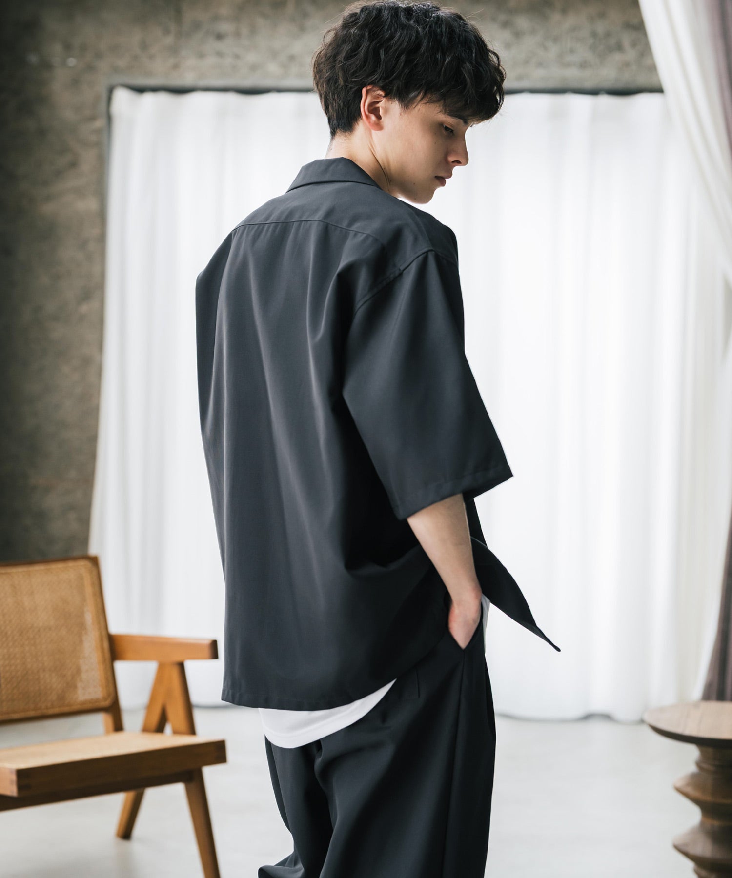 ロッキーモンロー Rocky Monroe 接触冷感 3点セット セットアップ メンズ シャツジャケット 5分袖 ワイドパンツ テーパード タンクトップ ノースリーブ オーバーサイズ 無地 9823 (ブラック) ブラック