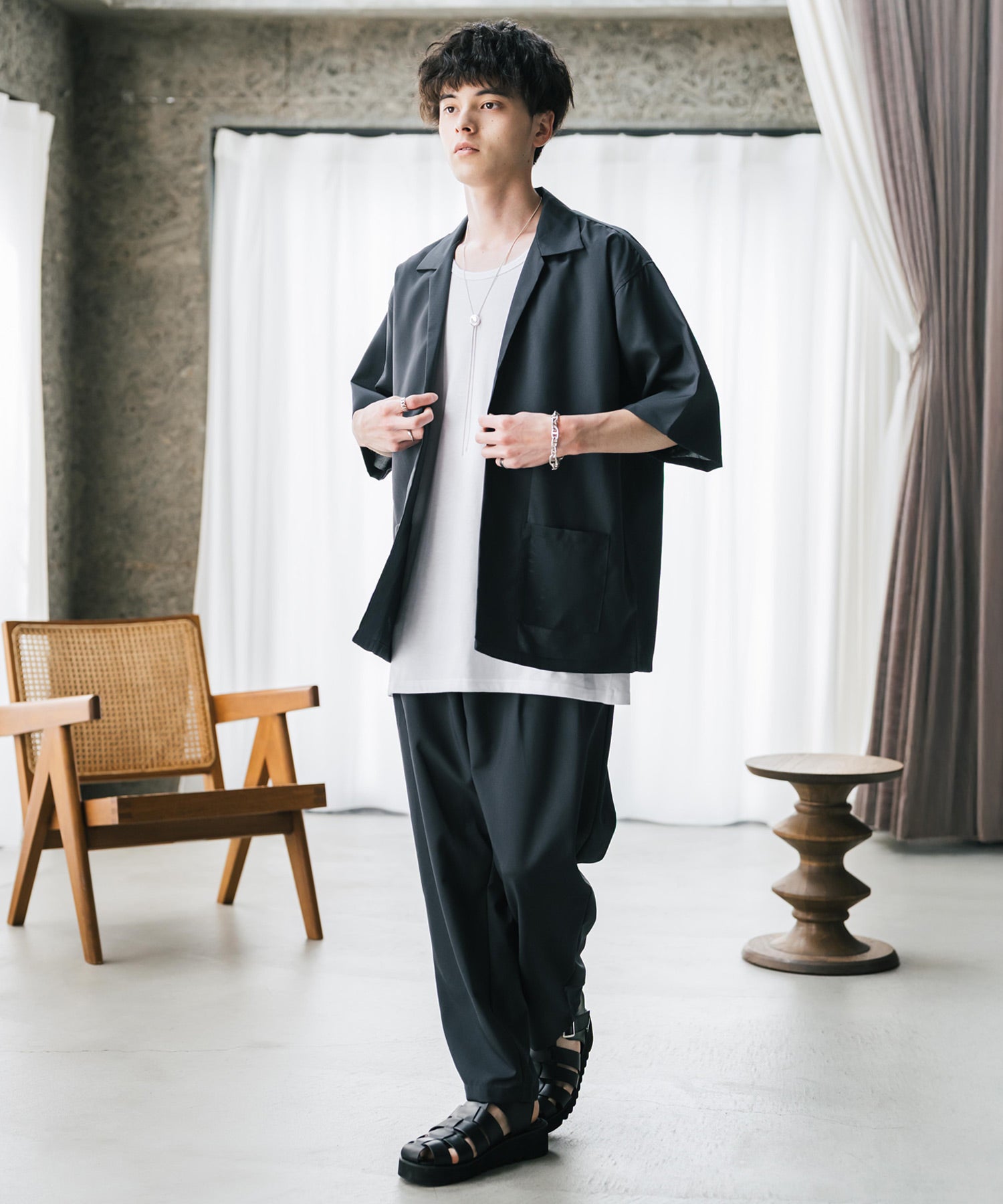 ロッキーモンロー Rocky Monroe 接触冷感 3点セット セットアップ メンズ シャツジャケット 5分袖 ワイドパンツ テーパード タンクトップ ノースリーブ オーバーサイズ 無地 9823 (ブラック) ブラック