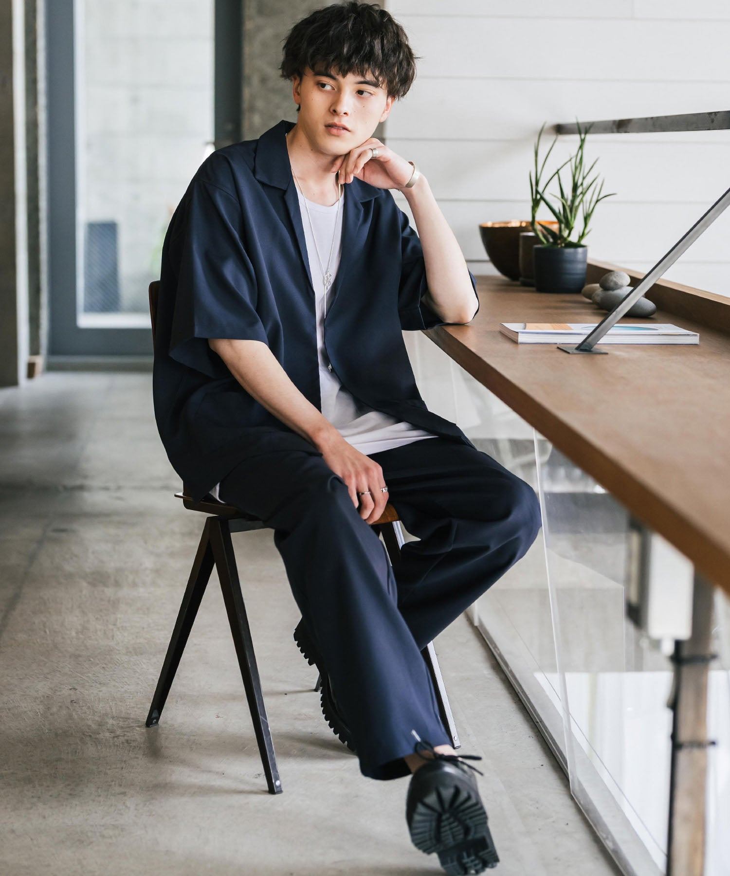 ロッキーモンロー Rocky Monroe 接触冷感 3点セット セットアップ メンズ シャツジャケット 5分袖 ワイドパンツ テーパード タンクトップ ノースリーブ オーバーサイズ 無地 9823 (ブラック) ブラック