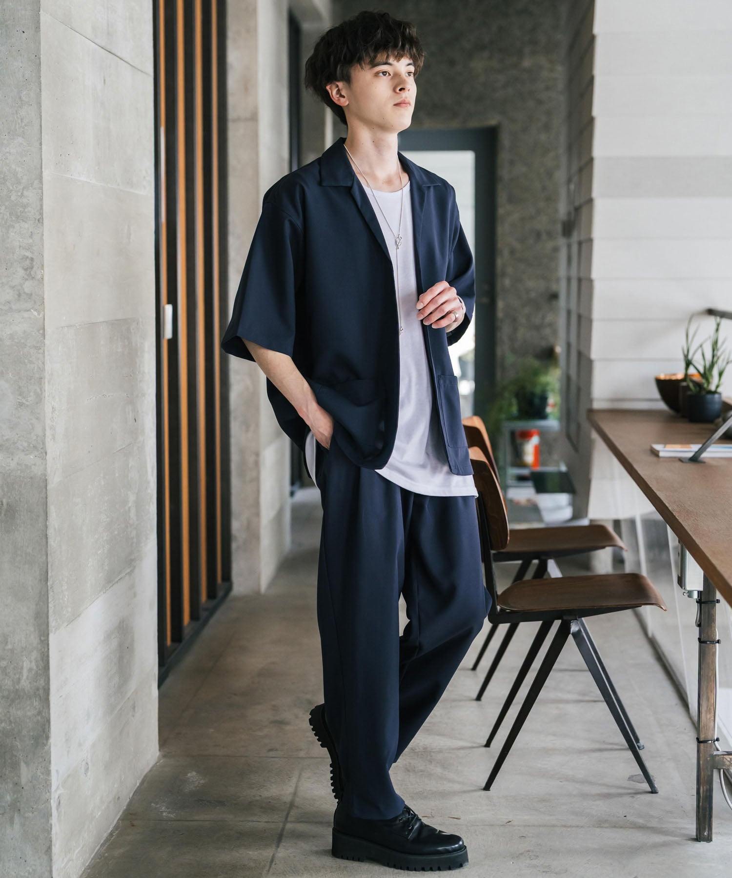 ロッキーモンロー Rocky Monroe 接触冷感 3点セット セットアップ メンズ シャツジャケット 5分袖 ワイドパンツ テーパード タンクトップ ノースリーブ オーバーサイズ 無地 9823 (ブラック) ブラック