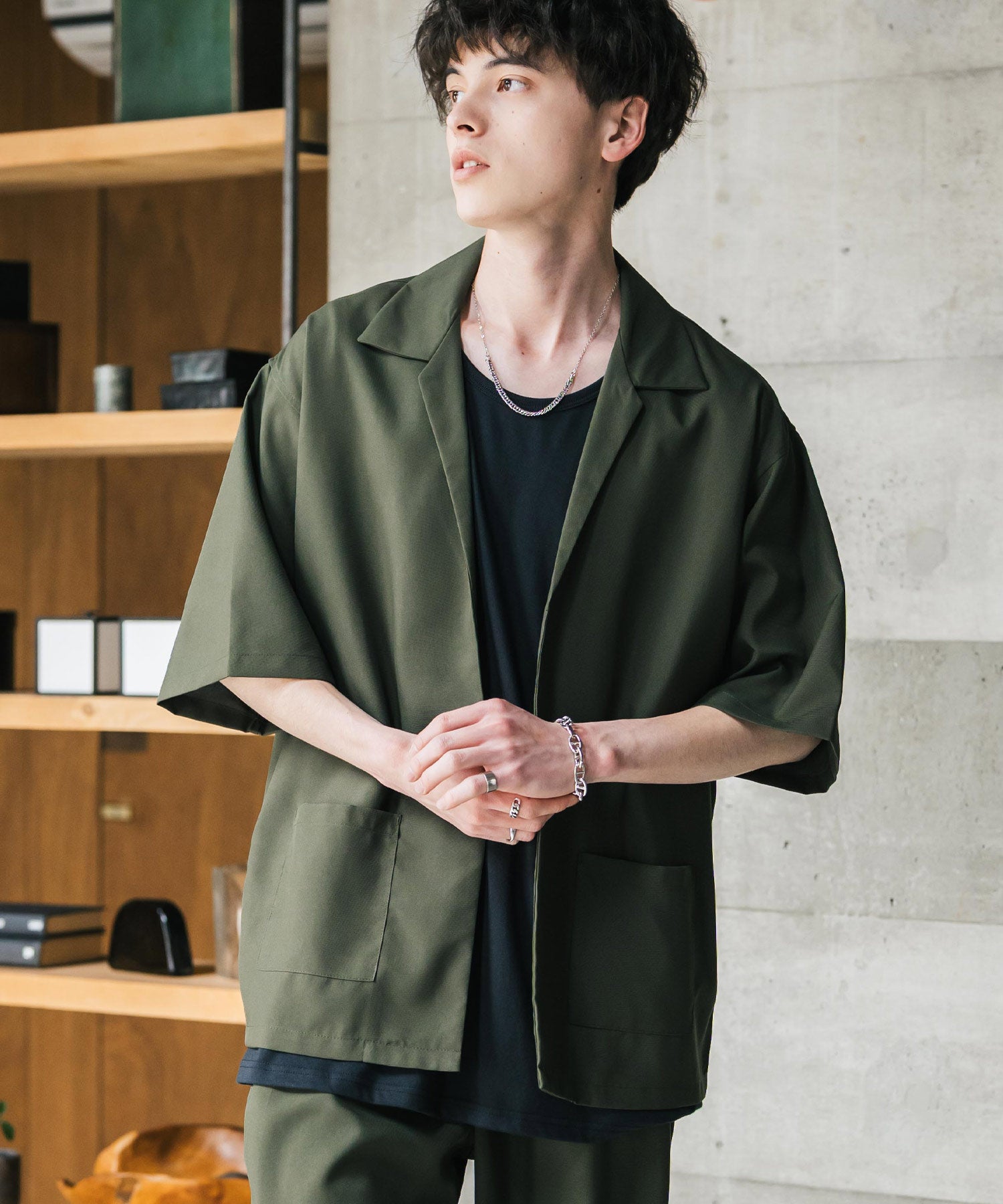 ロッキーモンロー Rocky Monroe 接触冷感 3点セット セットアップ メンズ シャツジャケット 5分袖 ワイドパンツ テーパード タンクトップ ノースリーブ オーバーサイズ 無地 9823 (ブラック) ブラック