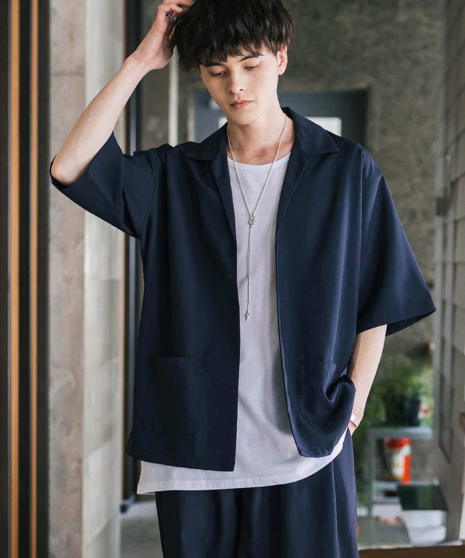 ロッキーモンロー Rocky Monroe 接触冷感 3点セット セットアップ メンズ シャツジャケット 5分袖 ワイドパンツ テーパード タンクトップ ノースリーブ オーバーサイズ 無地 9823 (ネイビー) ネイビー