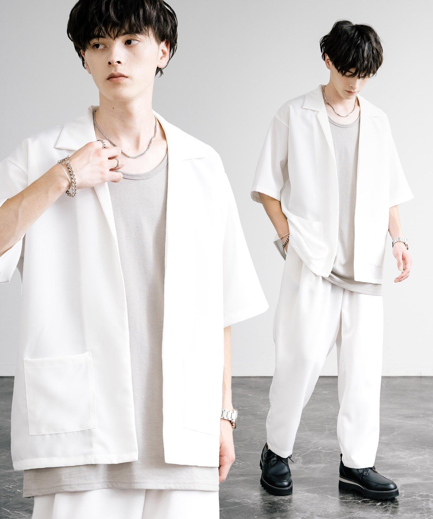 ロッキーモンロー Rocky Monroe 接触冷感 3点セット セットアップ メンズ シャツジャケット 5分袖 ワイドパンツ テーパード タンクトップ ノースリーブ オーバーサイズ 無地 9823