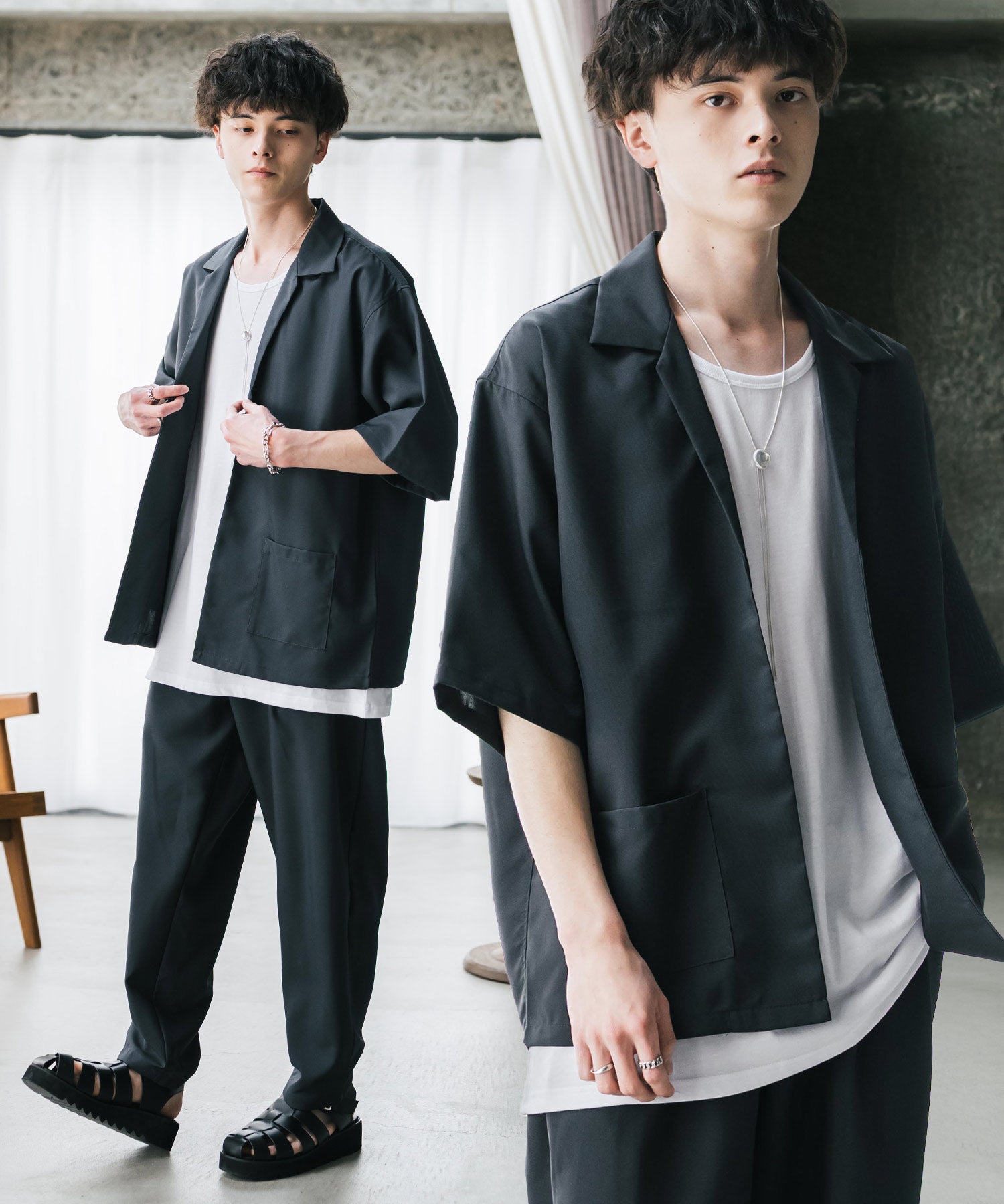 ロッキーモンロー Rocky Monroe 接触冷感 3点セット セットアップ メンズ シャツジャケット 5分袖 ワイドパンツ テーパード タンクトップ ノースリーブ オーバーサイズ 無地 9823 (チャコール) チャコール