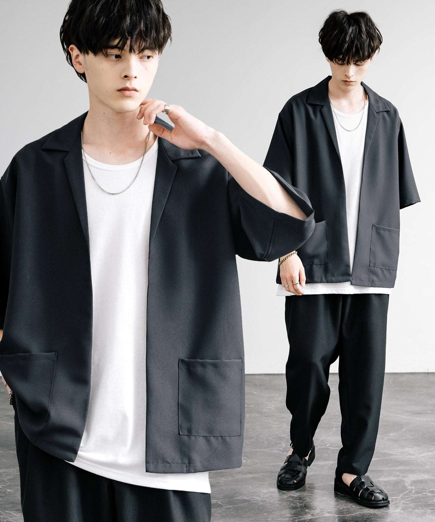 ロッキーモンロー Rocky Monroe 接触冷感 3点セット セットアップ メンズ シャツジャケット 5分袖 ワイドパンツ テーパード タンクトップ ノースリーブ オーバーサイズ 無地 9823