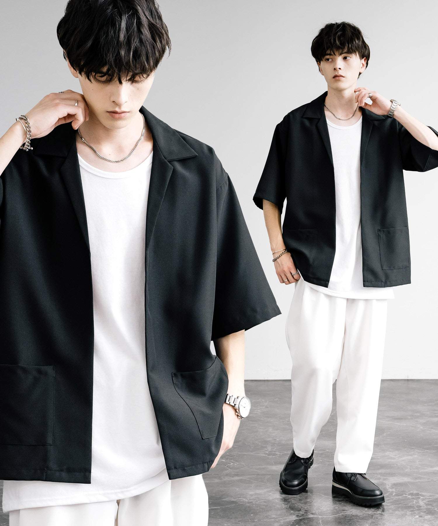 ロッキーモンロー Rocky Monroe 接触冷感 3点セット セットアップ メンズ シャツジャケット 5分袖 ワイドパンツ テーパード タンクトップ ノースリーブ オーバーサイズ 無地 9823