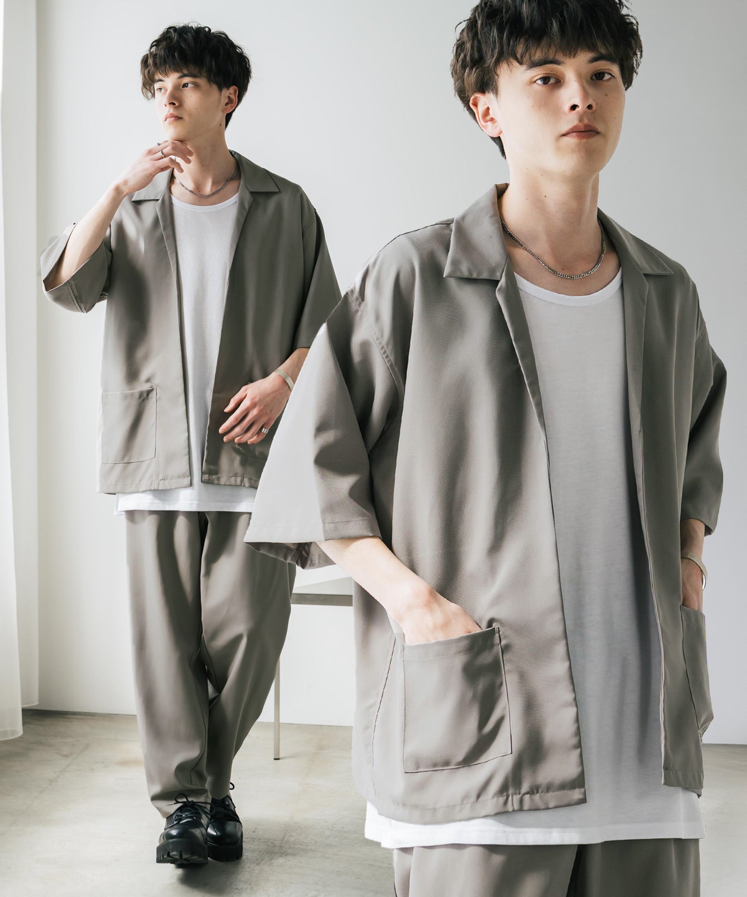 ロッキーモンロー Rocky Monroe 接触冷感 3点セット セットアップ メンズ シャツジャケット 5分袖 ワイドパンツ テーパード タンクトップ ノースリーブ オーバーサイズ 無地 9823 (グレージュ) グレージュ