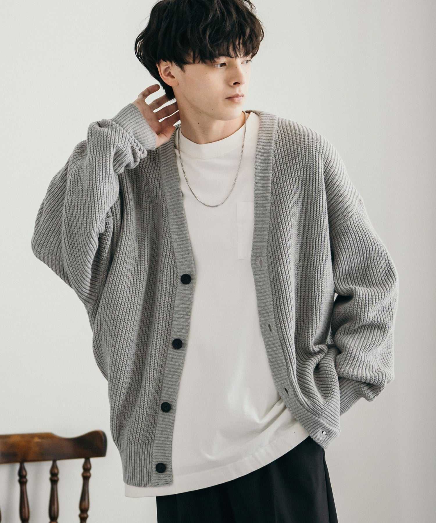 ロッキーモンロー Rocky Monroe ニットカーディガン メンズ レディース セーター 片畦編み ハイバルキー ウォッシャブル 羽織り ライトアウター オーバーサイズ ビッグシルエット カジュアル