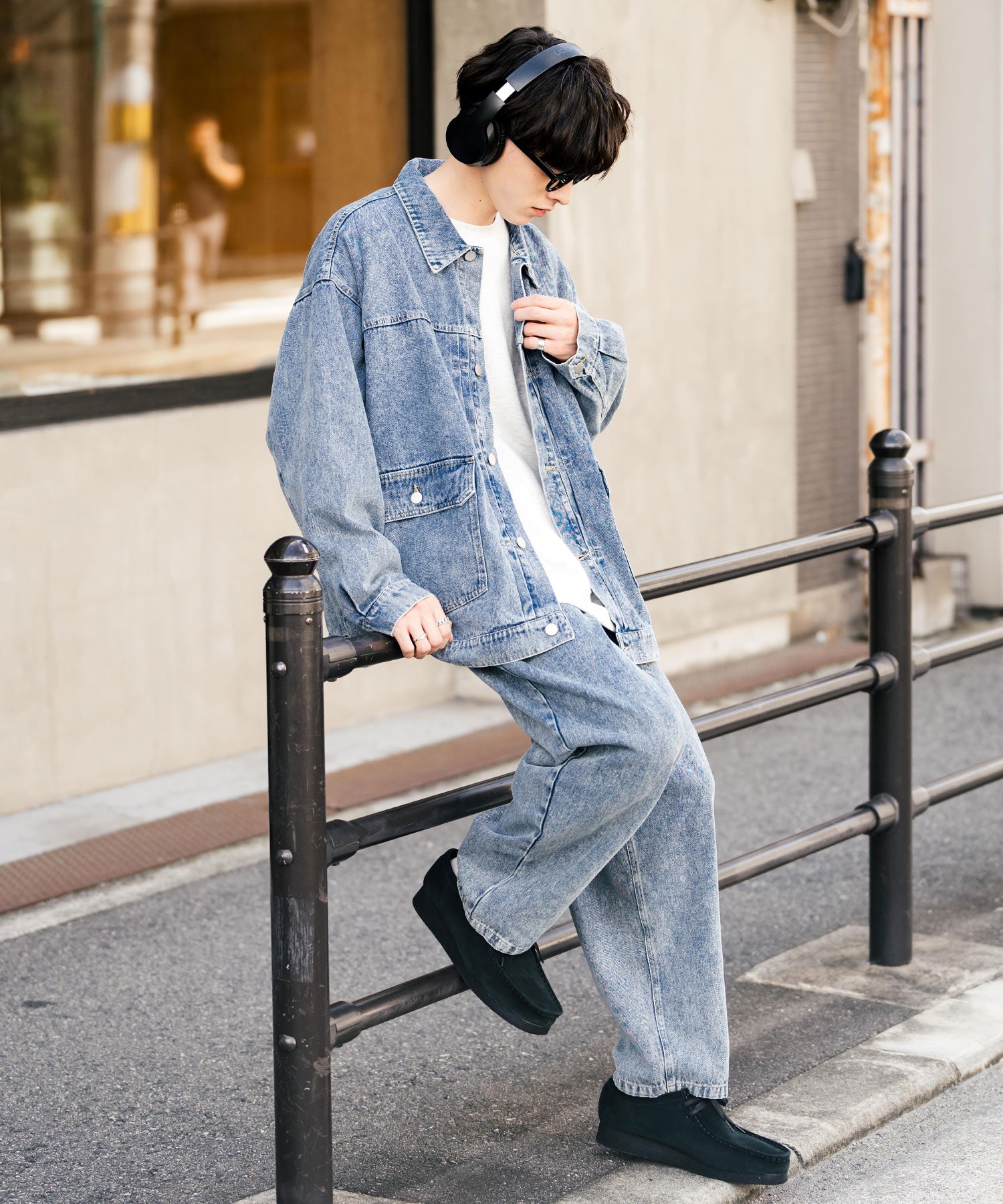 ロッキーモンロー Rocky Monroe セットアップ デニムジャケット ワイドパンツ メンズ レディース ライトアウター オーバーサイズ ビッグシルエット ゆったり ワーク セカンド 2nd Gジャン,ブルーケミカル