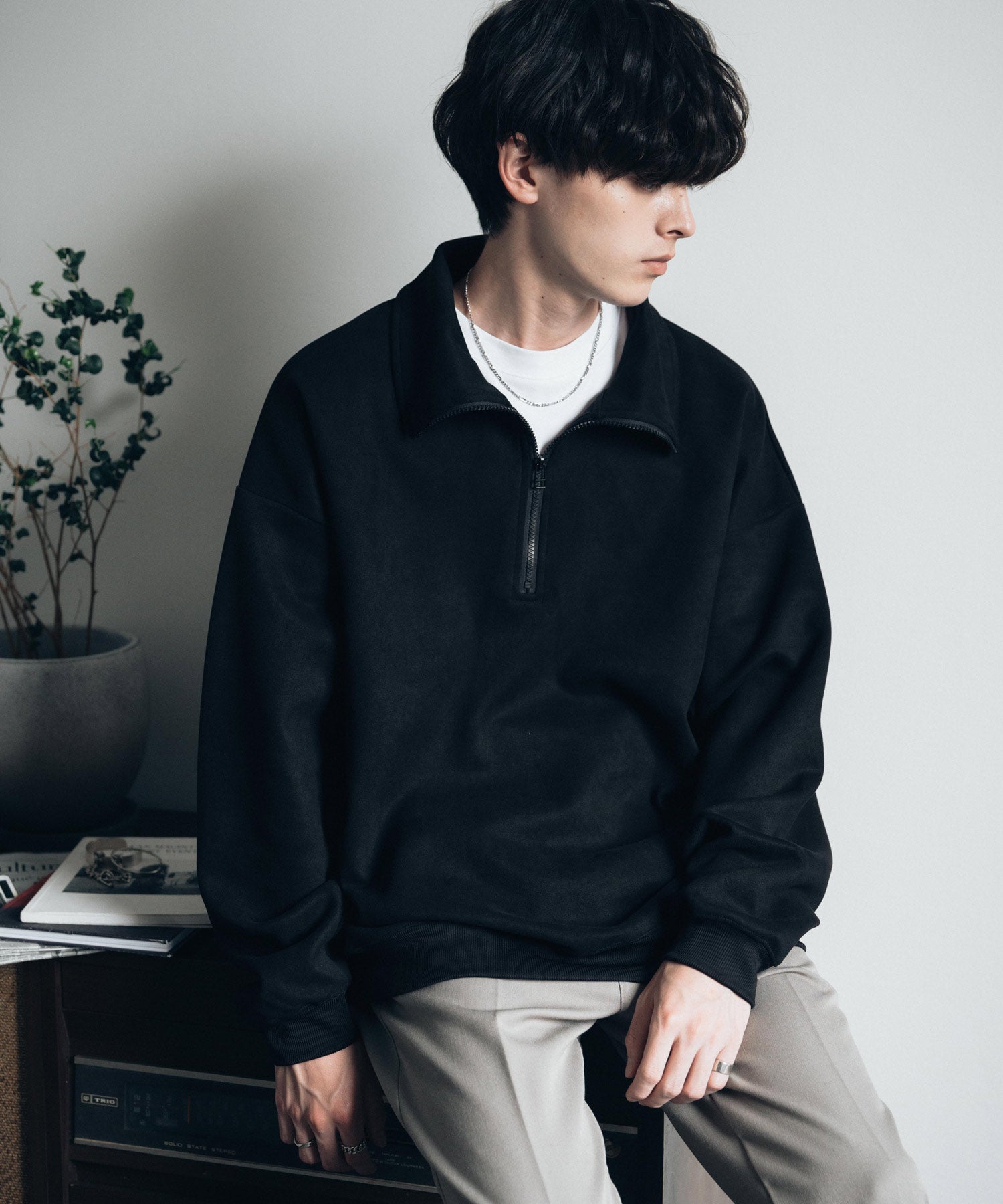 洛基·門羅 Rocky Monroe 半拉鍊 針織衫 假麂皮 男士 女士 長袖 套頭 大碼 寬鬆 起毛感 彈性 素色 簡約 13774