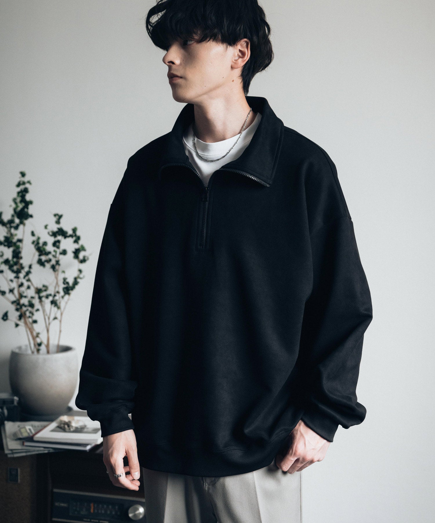 洛基·門羅 Rocky Monroe 半拉鍊 針織衫 假麂皮 男士 女士 長袖 套頭 大碼 寬鬆 起毛感 彈性 素色 簡約 13774