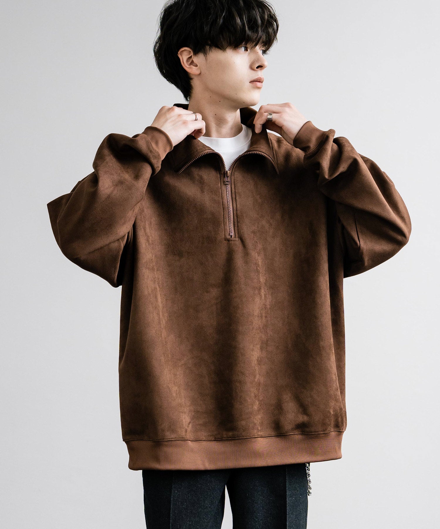 洛基·門羅 Rocky Monroe 半拉鍊 針織衫 假麂皮 男士 女士 長袖 套頭 大碼 寬鬆 起毛感 彈性 素色 簡約 13774