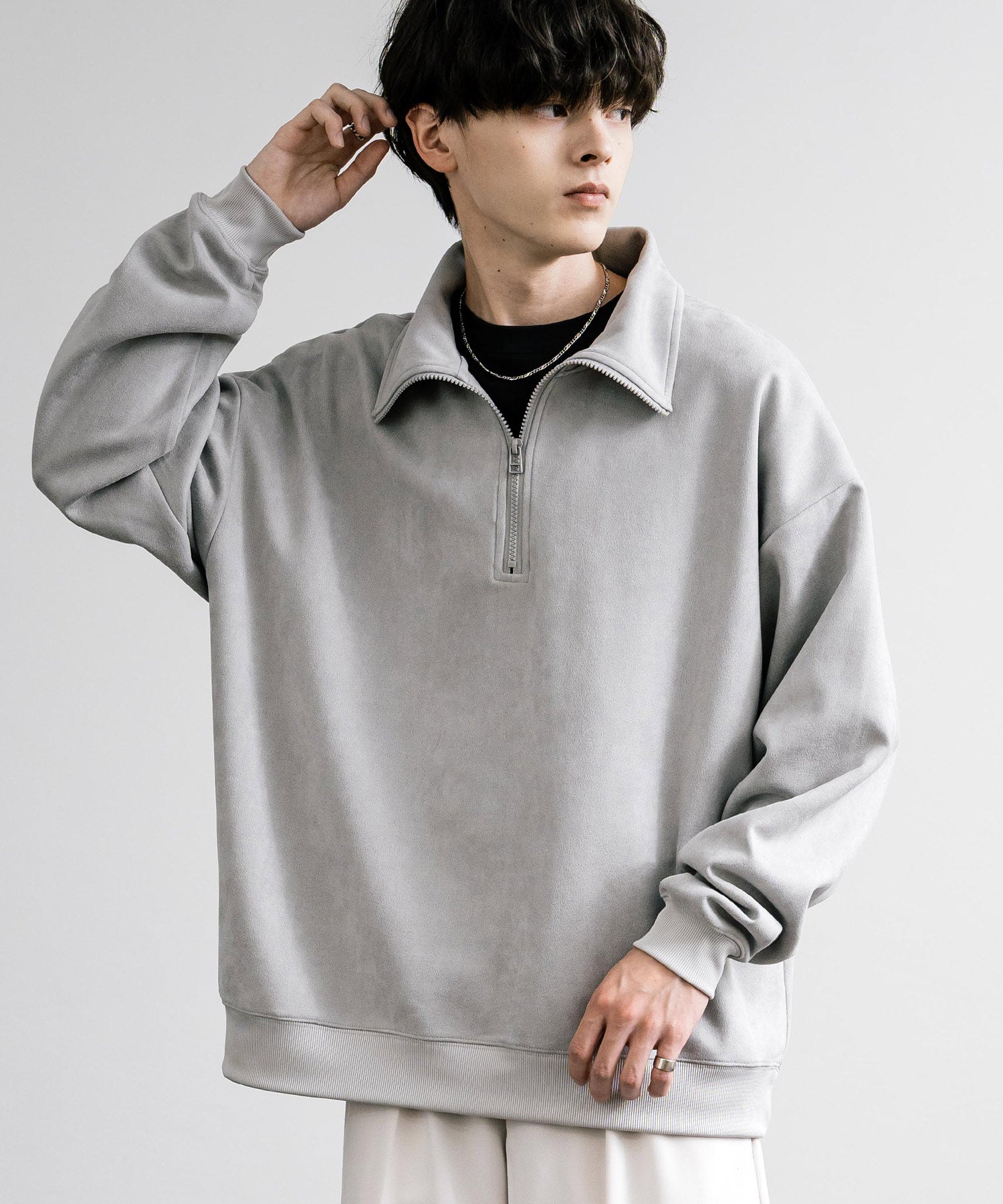 ロッキーモンロー Rocky Monroe ハーフジップ トレーナー フェイクスエード メンズ レディース 長袖 プルオーバー オーバーサイズ ゆったり 起毛感 ストレッチ 無地 シンプル 13774,L.グレー