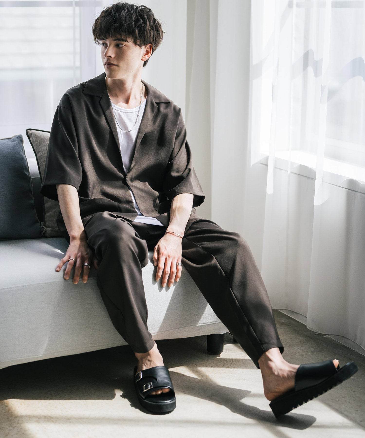 ロッキーモンロー Rocky Monroe 接触冷感 3点セット セットアップ メンズ シャツジャケット 5分袖 ワイドパンツ テーパード タンクトップ ノースリーブ オーバーサイズ 無地 9823(ブラウン) ブラウン