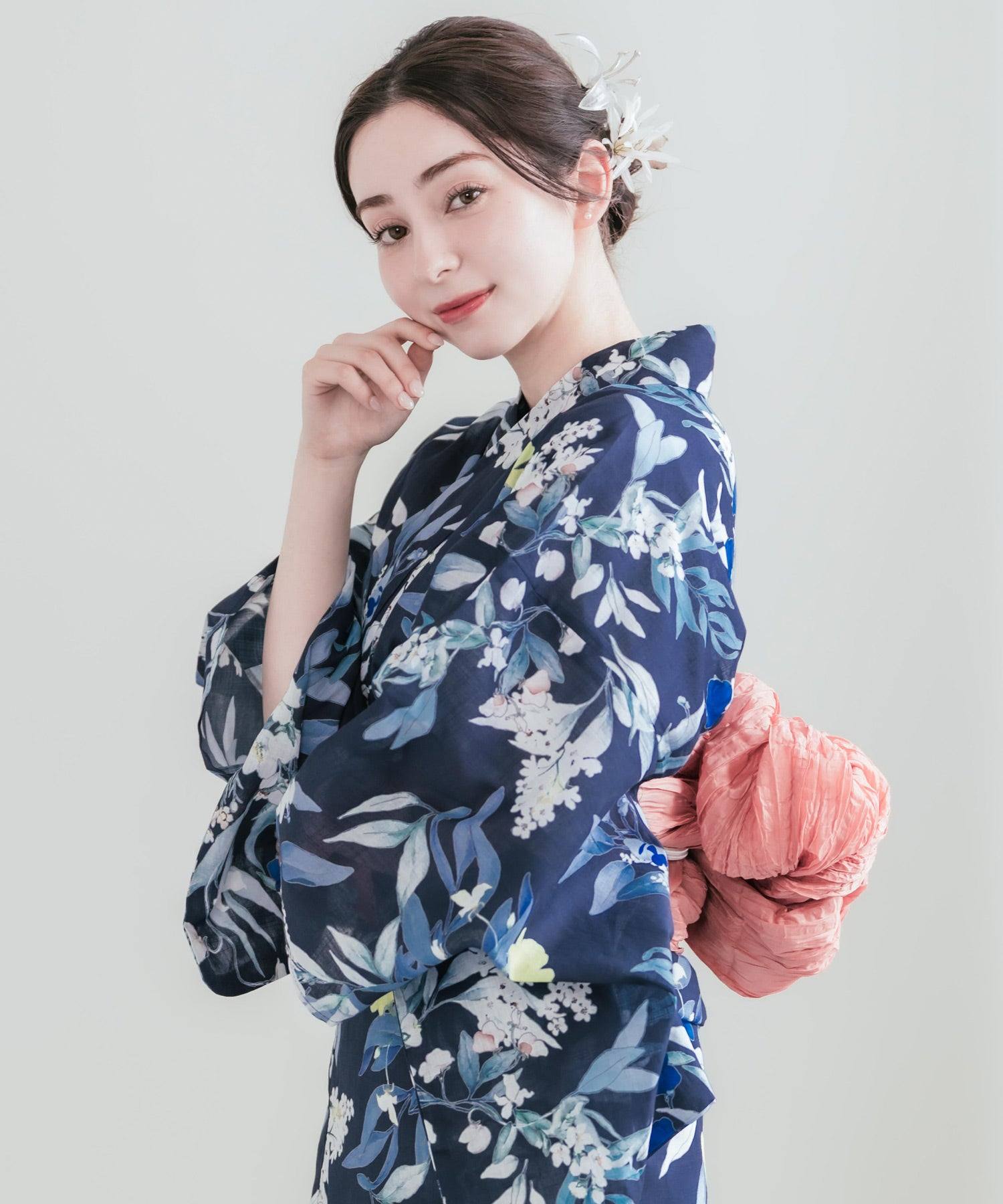 ロッキーモンロー Rocky Monroe 浴衣 2点セット レディース しわ兵児帯 和服 花柄 綿100% 女性用 大人 可愛い レトロ おしゃれ フリーサイズ 花火 夏祭り ゆかた 14697 (A) A