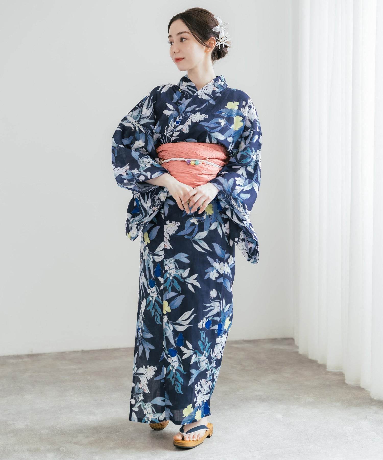 ロッキーモンロー Rocky Monroe 浴衣 2点セット レディース しわ兵児帯 和服 花柄 綿100% 女性用 大人 可愛い レトロ おしゃれ フリーサイズ 花火 夏祭り ゆかた 14697 (A) A