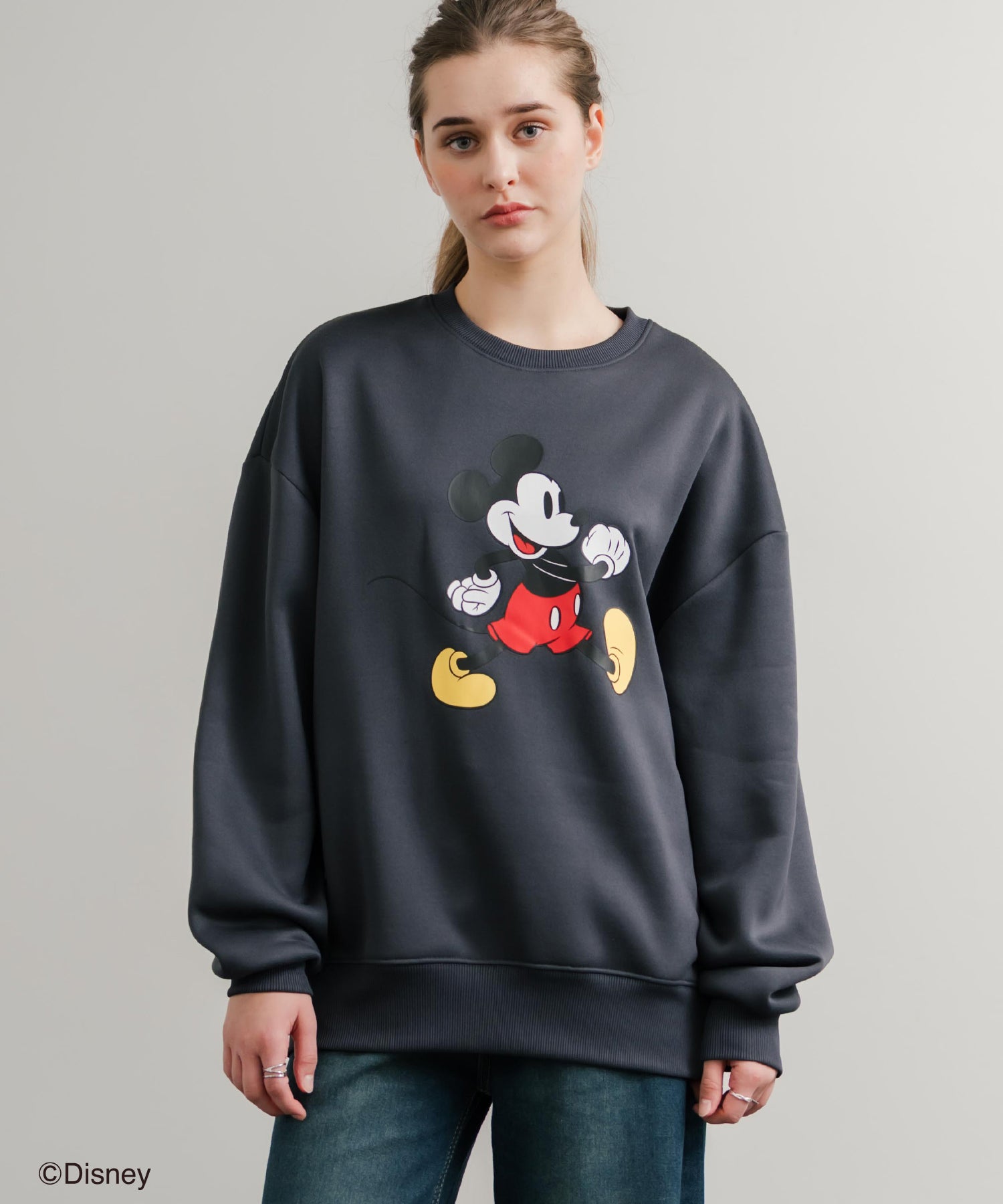 ロッキーモンロー Rocky Monroe DISNEY ディズニー ミッキーマウス スウェット トレーナー レディース メンズ 裏起毛 プリント キャラクター オーバーサイズ リラックス 14939 (B.チャコール) B.チャコール