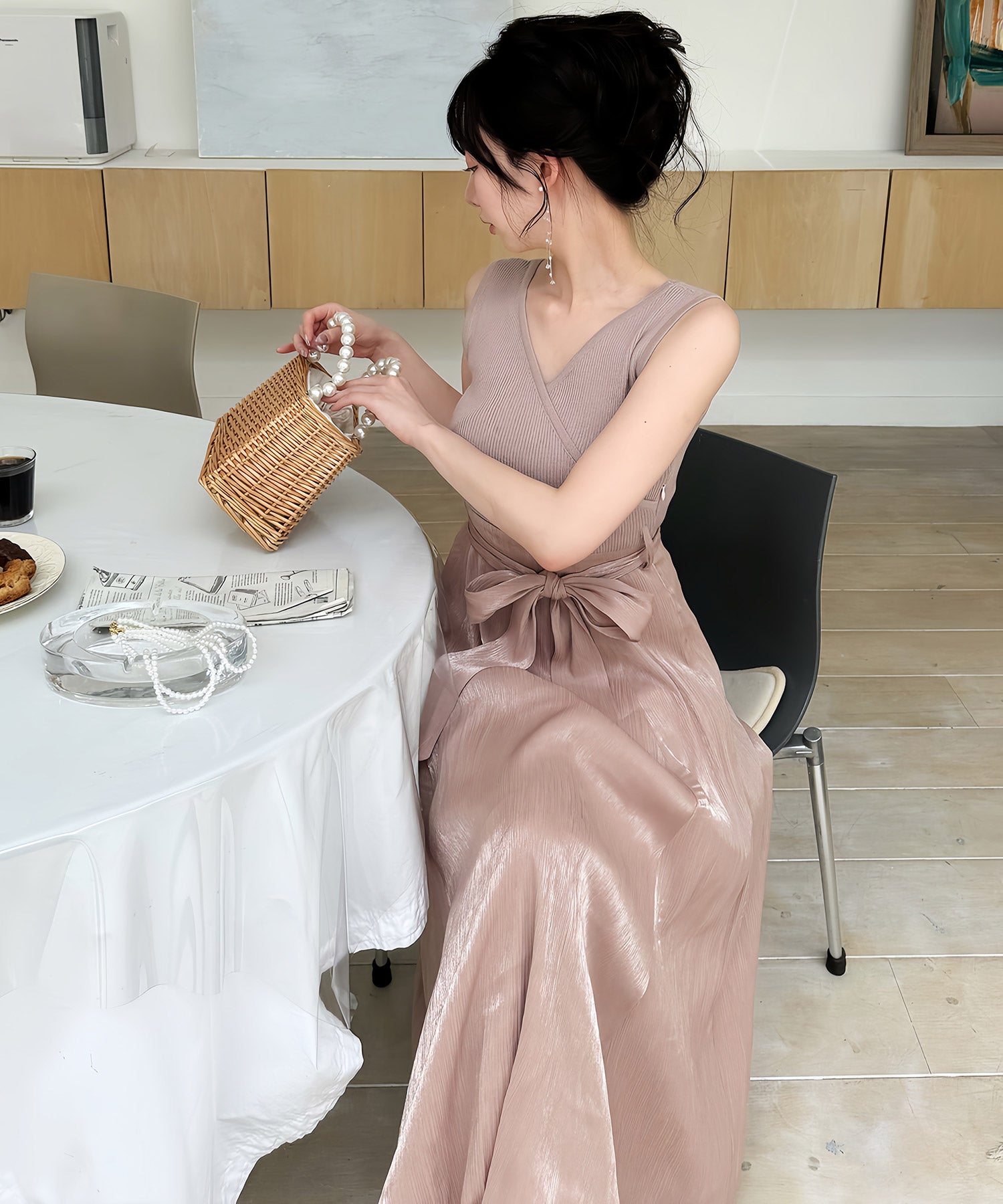 ロイヤルパーティー ROYAL PARTY ウエストリボン2way異素材ドッキングフレアワンピース (ピンク) ピンク