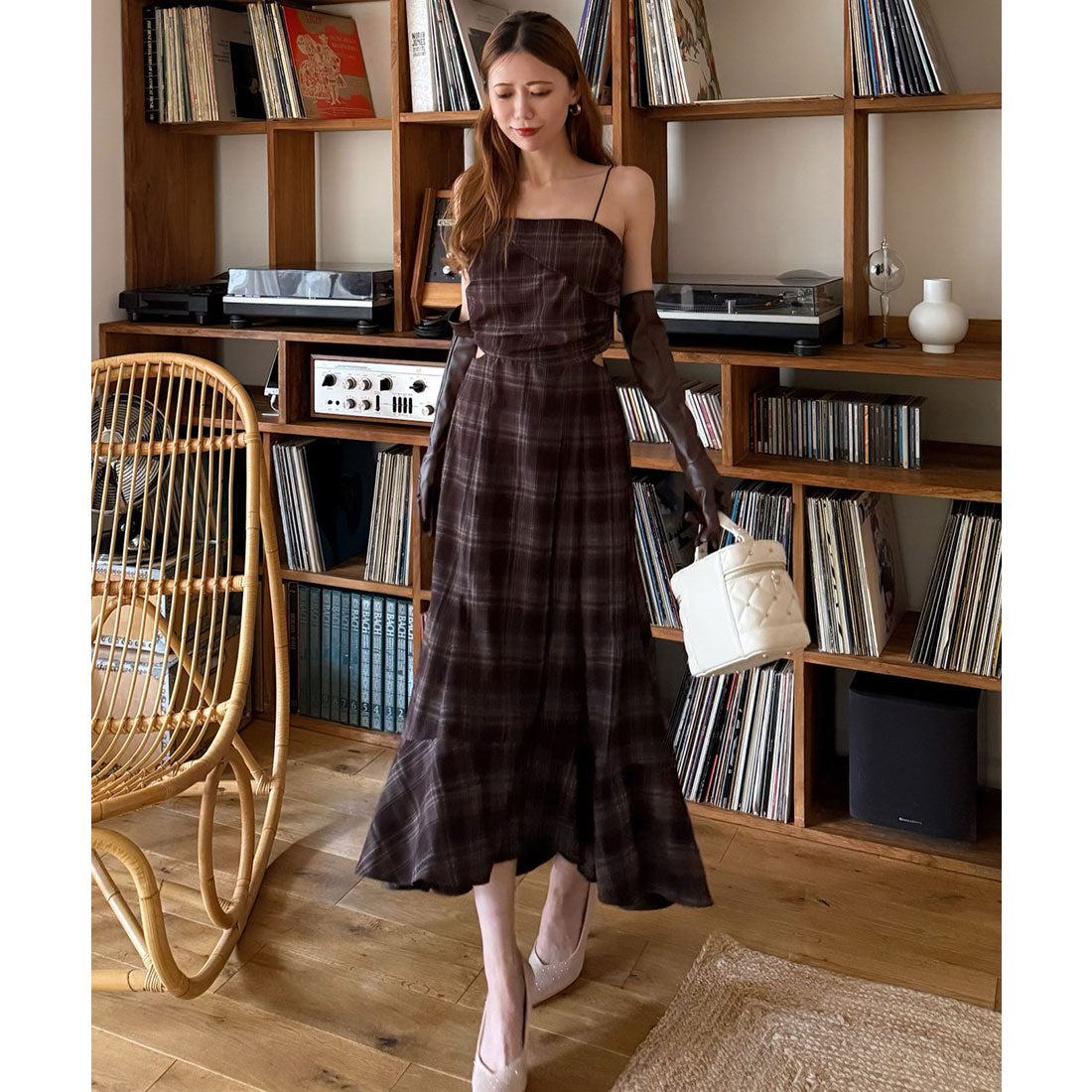 Royal Party Check Pattern Cutting Camisole Flare Dress