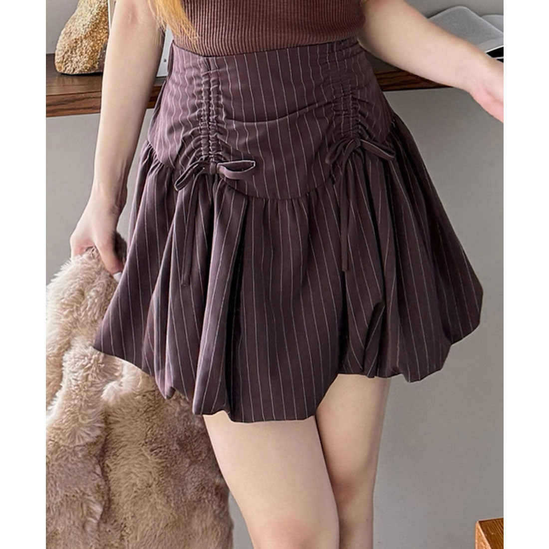 ロイヤルパーティー ROYAL PARTY ドロストリボンバルーンミニスカート (ストライプ) ストライプ