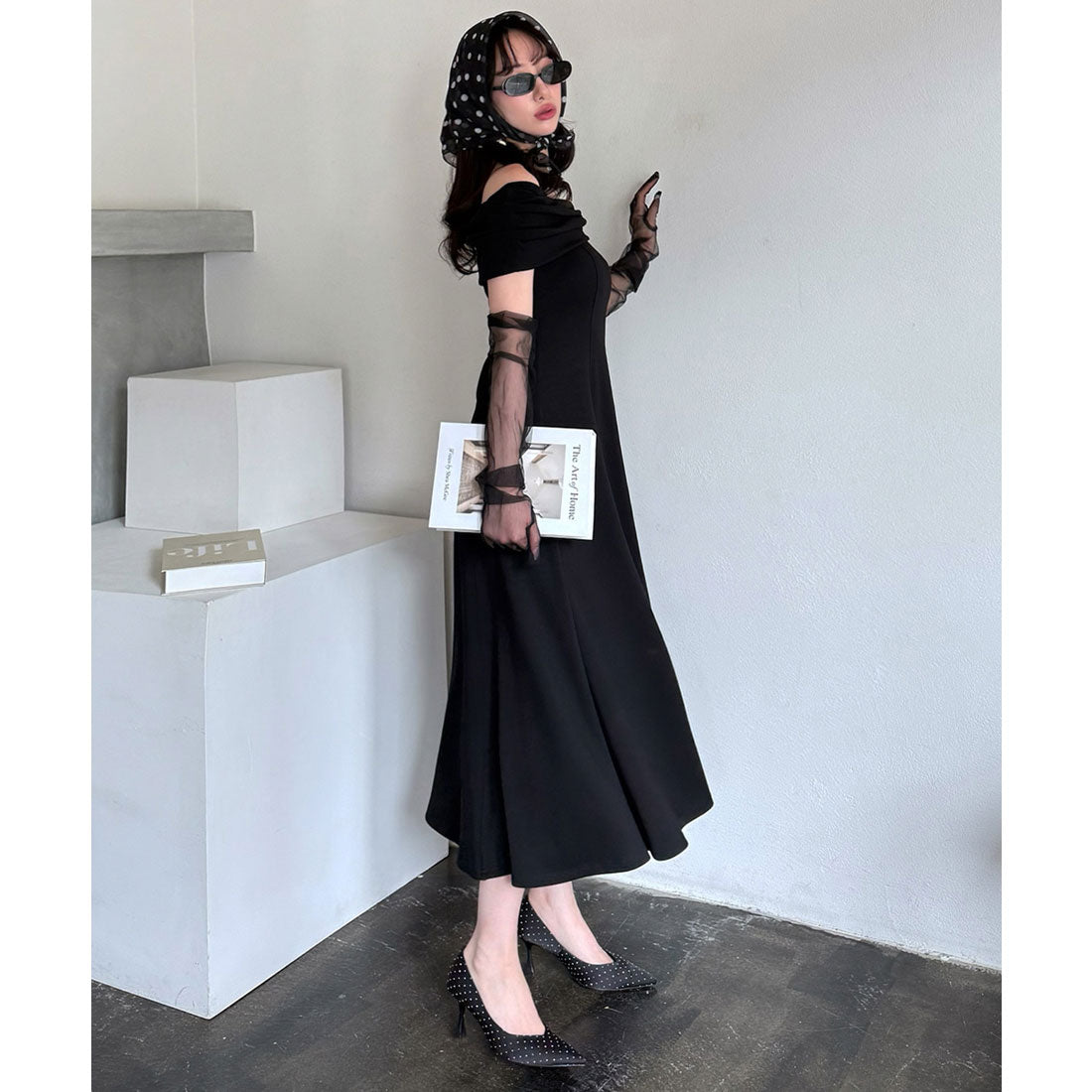 Royal Party Tuck Gather Off-Shoulder Cut Flare Dress Royal Party Tuck Gather Off-Shoulder Cut Flare Dress