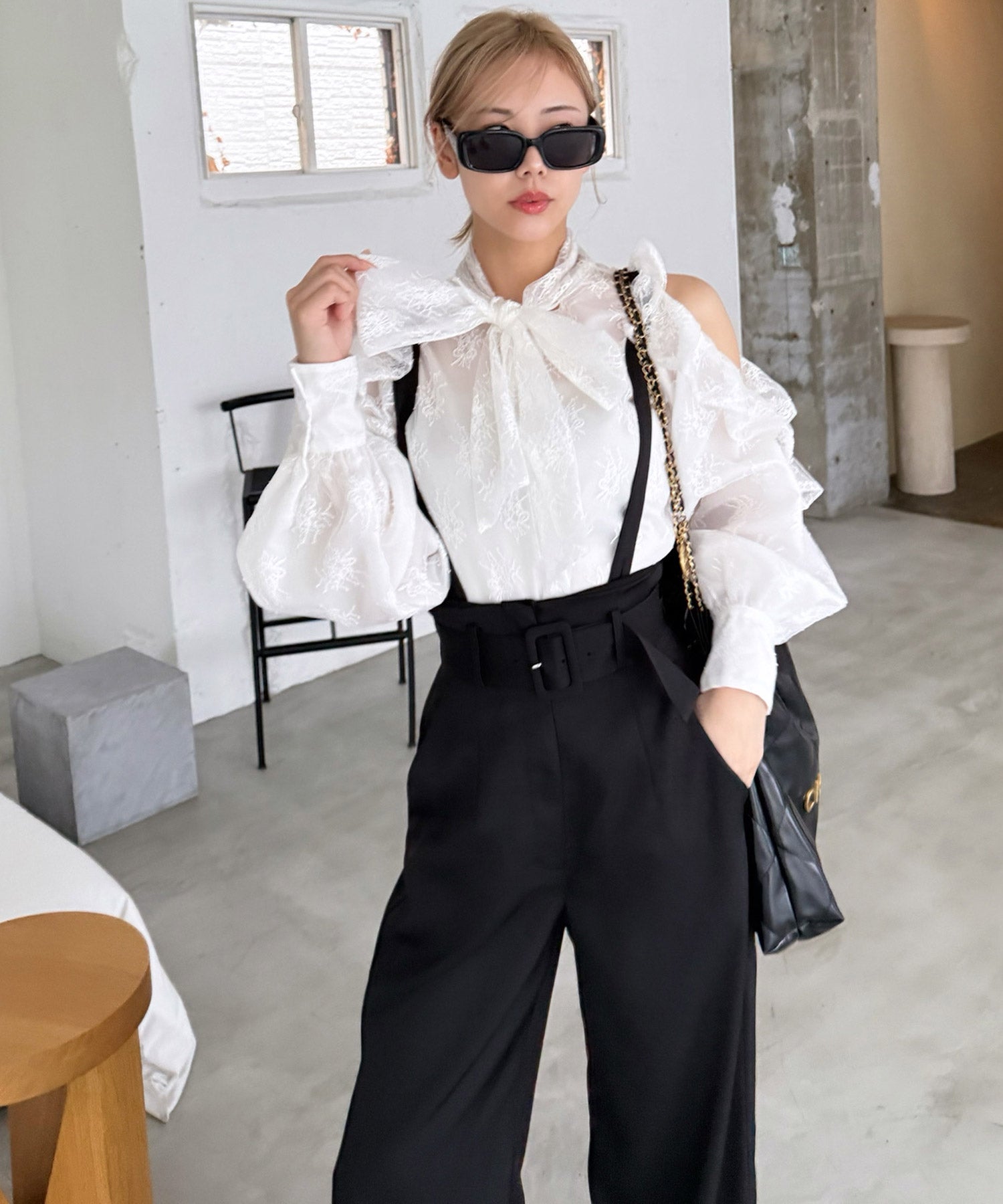 ロイヤルパーティー ROYAL PARTY レースコールドショルダーリボンブラウス (オフホワイト) オフホワイト