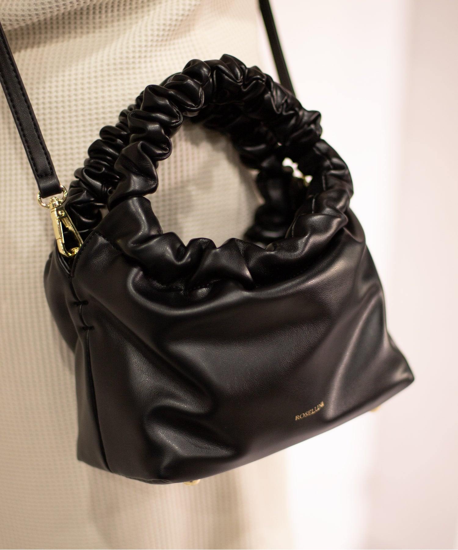 ロゼリーニ ROSELLINI ラム調ギャザーハンドルチェーンミニショルダーバッグ,BLK