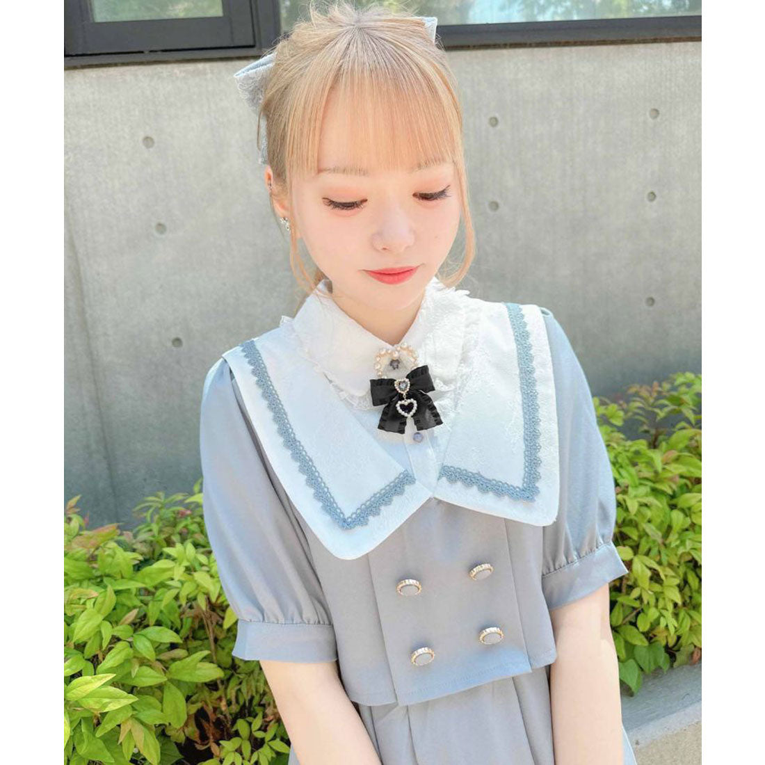 ロジータ ROJITA 推しカラーリボン付ハートパールブローチ,ブラック