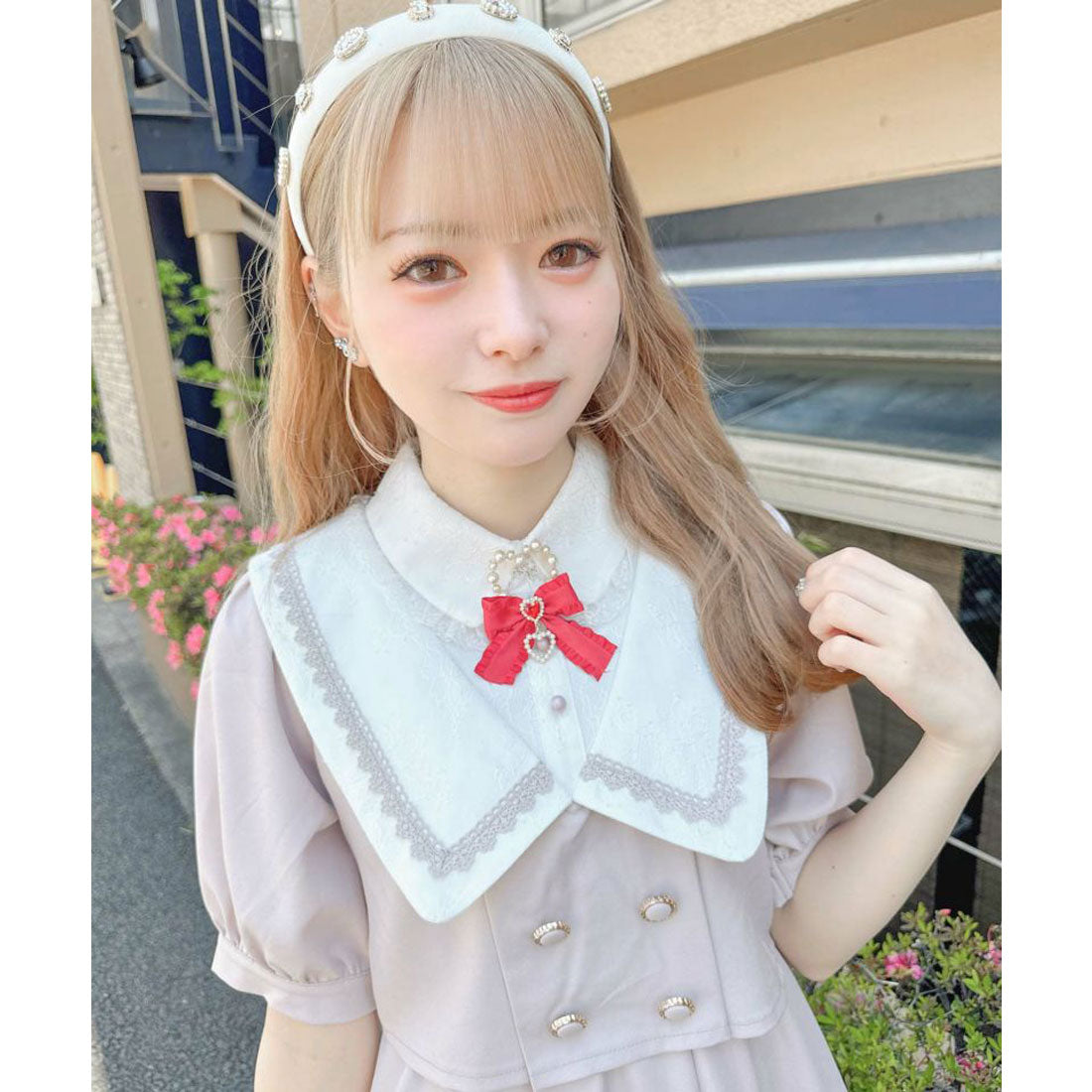 ロジータ ROJITA 推しカラーリボン付ハートパールブローチ,レッド