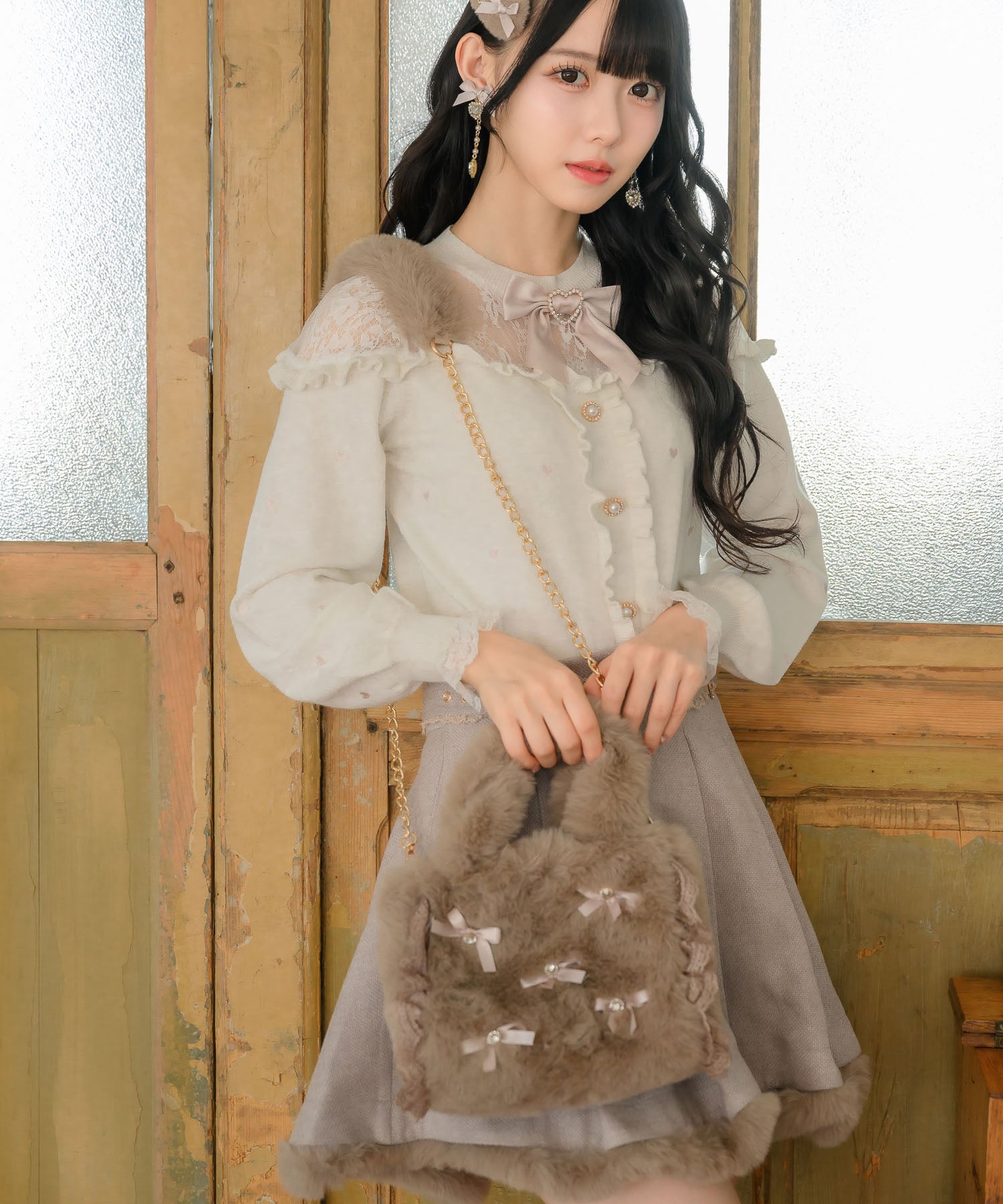 ロジータ ROJITA リボン付ふわふわファーバック (ベージュ) ベージュ