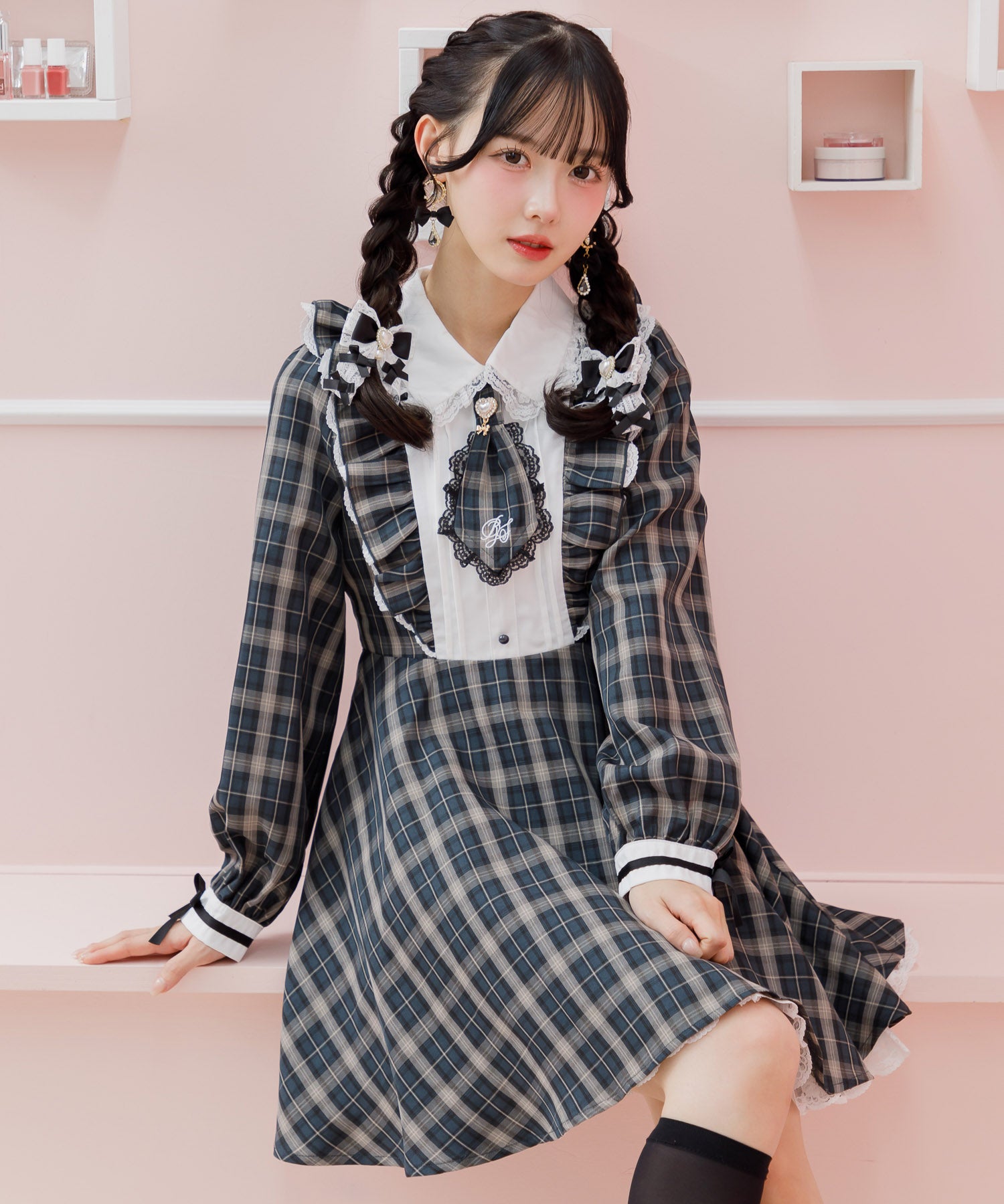 ロジータ ROJITA ロゴ入りネクタイ付きスリーブデザインワンピース (チェック) チェック