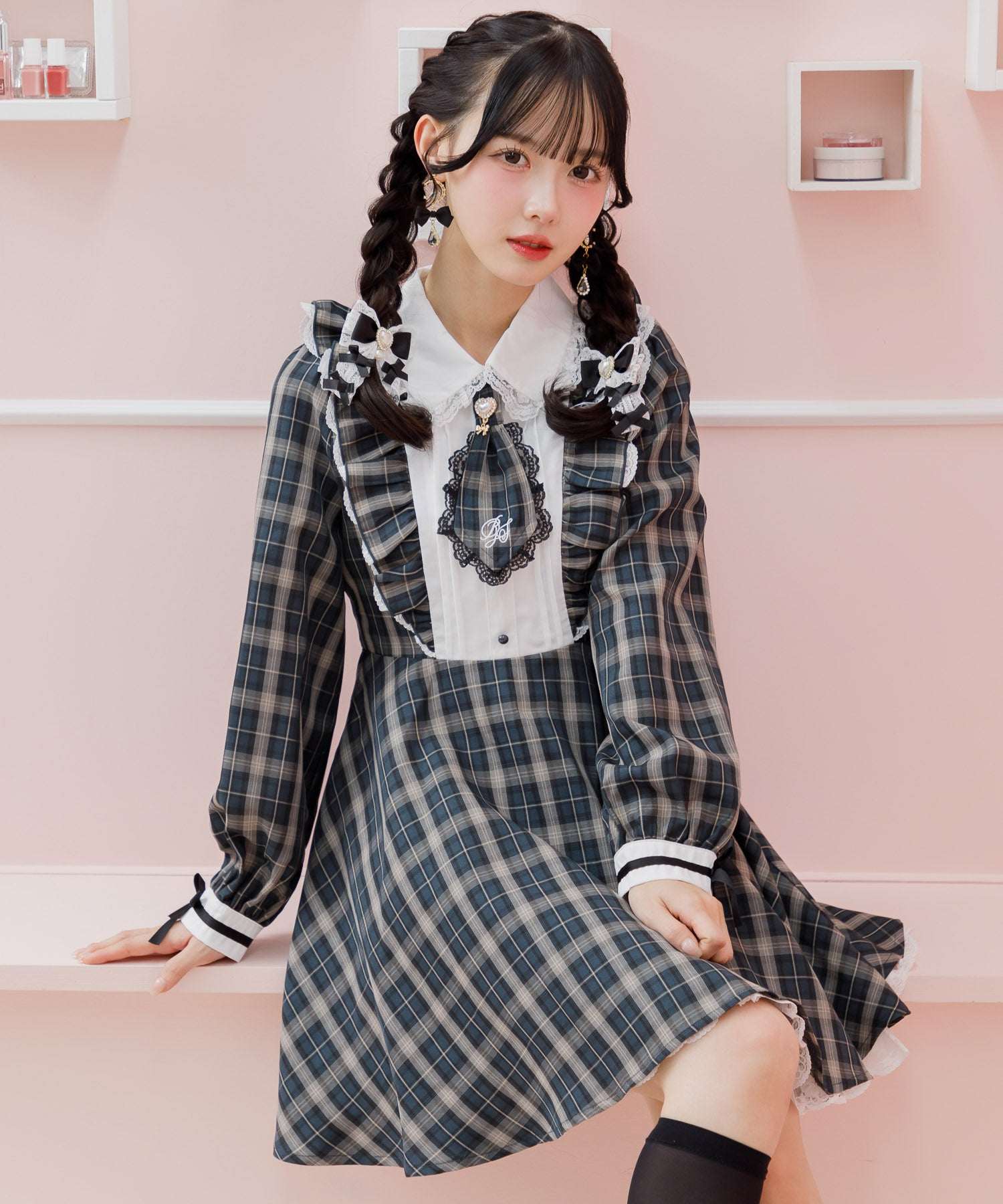ロジータ ROJITA ロゴ入りネクタイ付きスリーブデザインワンピース (チェック) チェック