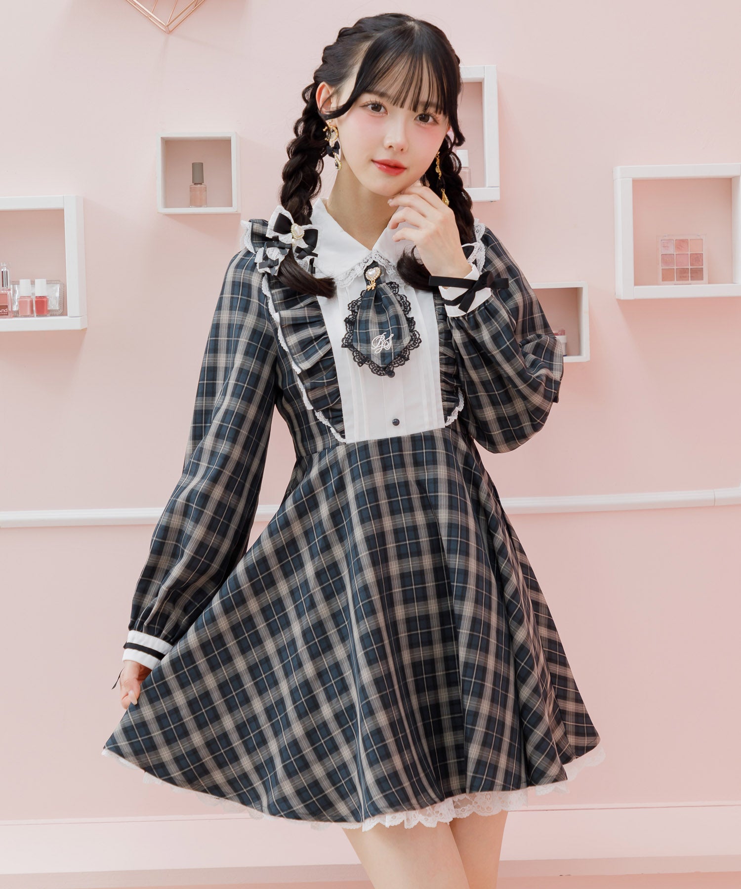 ロジータ ROJITA ロゴ入りネクタイ付きスリーブデザインワンピース (チェック) チェック
