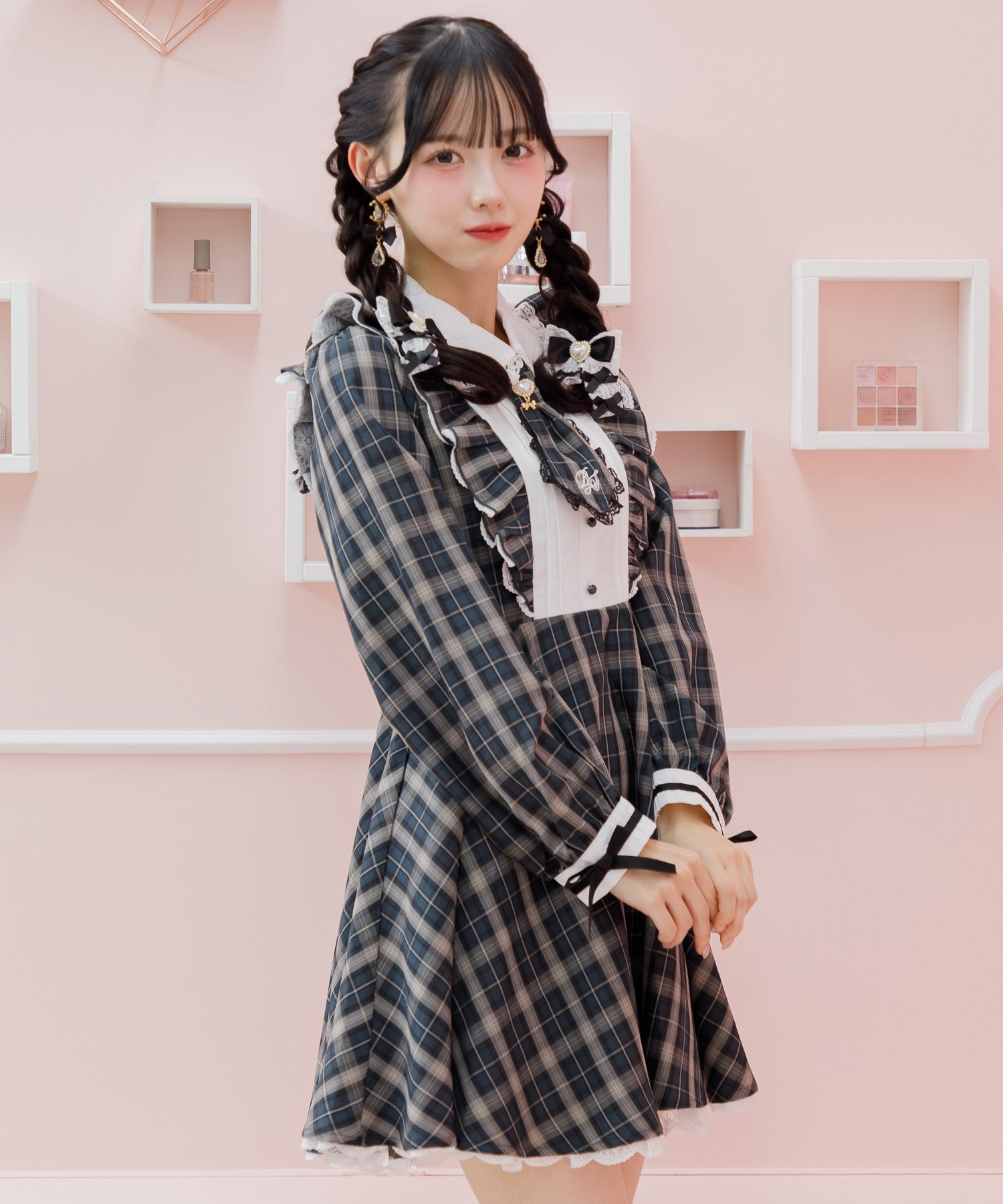 ロジータ ROJITA ロゴ入りネクタイ付きスリーブデザインワンピース (チェック) チェック
