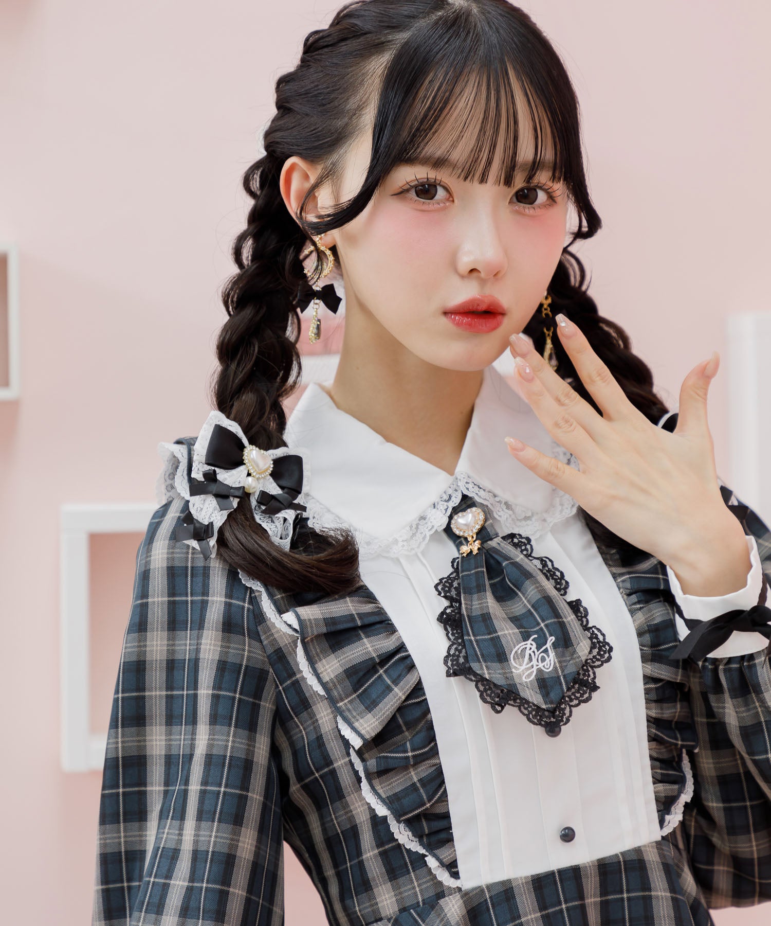 ロジータ ROJITA ロゴ入りネクタイ付きスリーブデザインワンピース (チェック) チェック