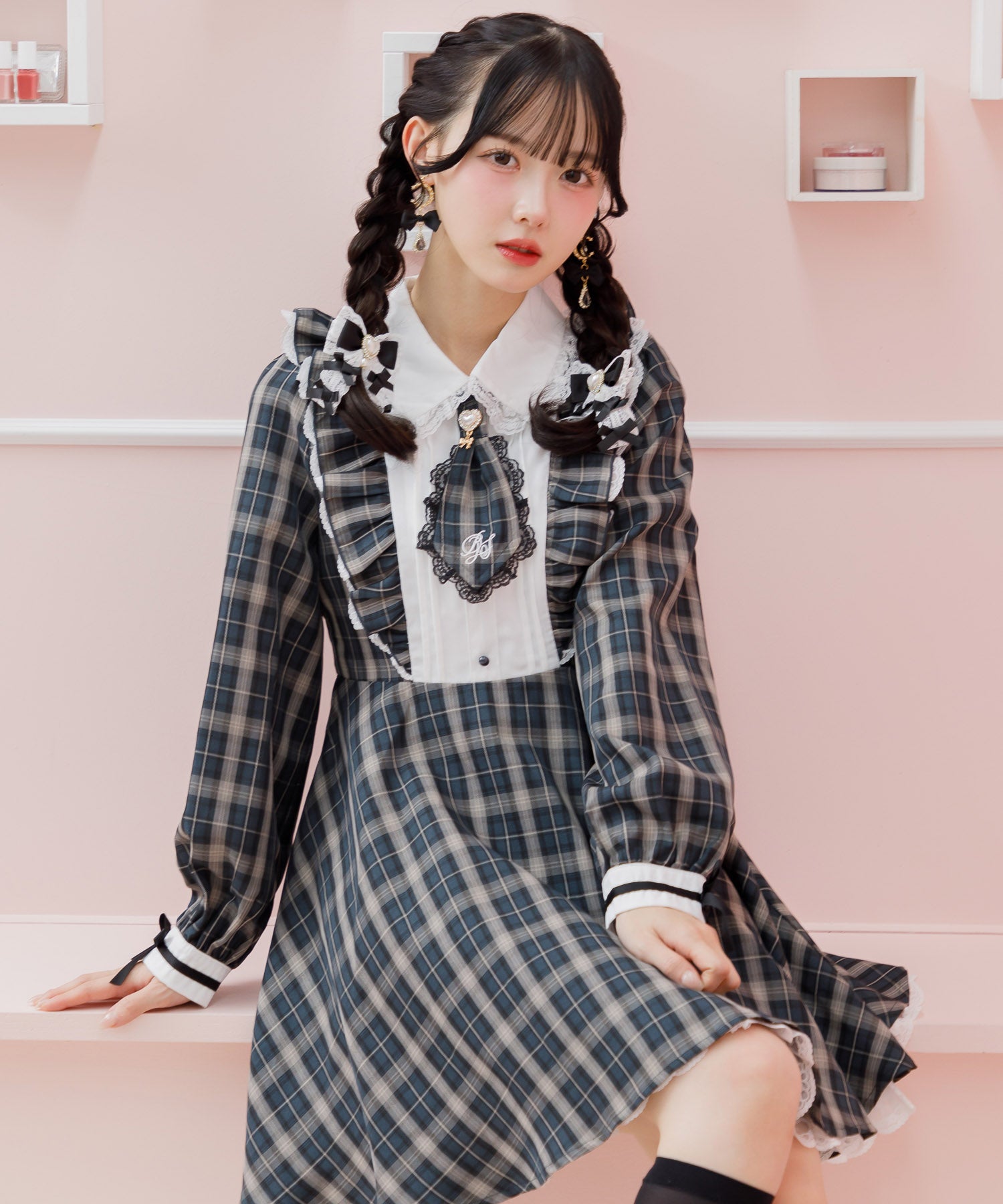 ロジータ ROJITA ロゴ入りネクタイ付きスリーブデザインワンピース (チェック) チェック