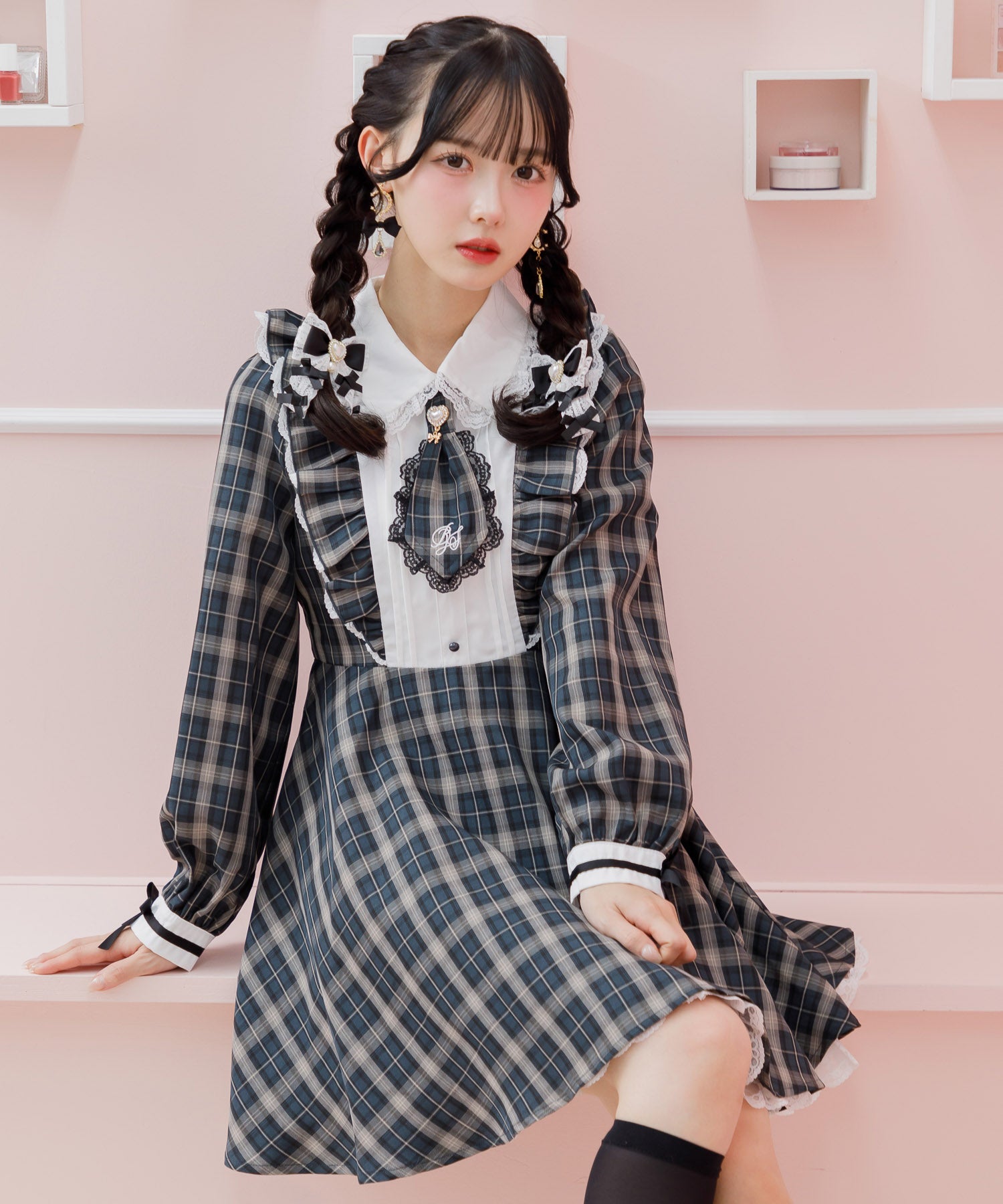 ロジータ ROJITA ロゴ入りネクタイ付きスリーブデザインワンピース (チェック) チェック