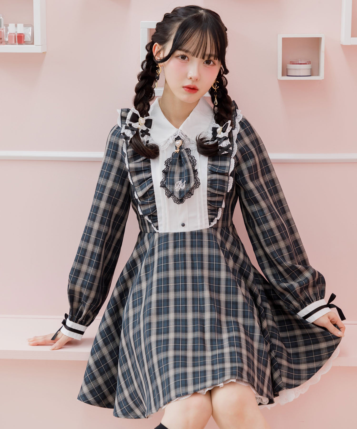 ロジータ ROJITA ロゴ入りネクタイ付きスリーブデザインワンピース (チェック) チェック