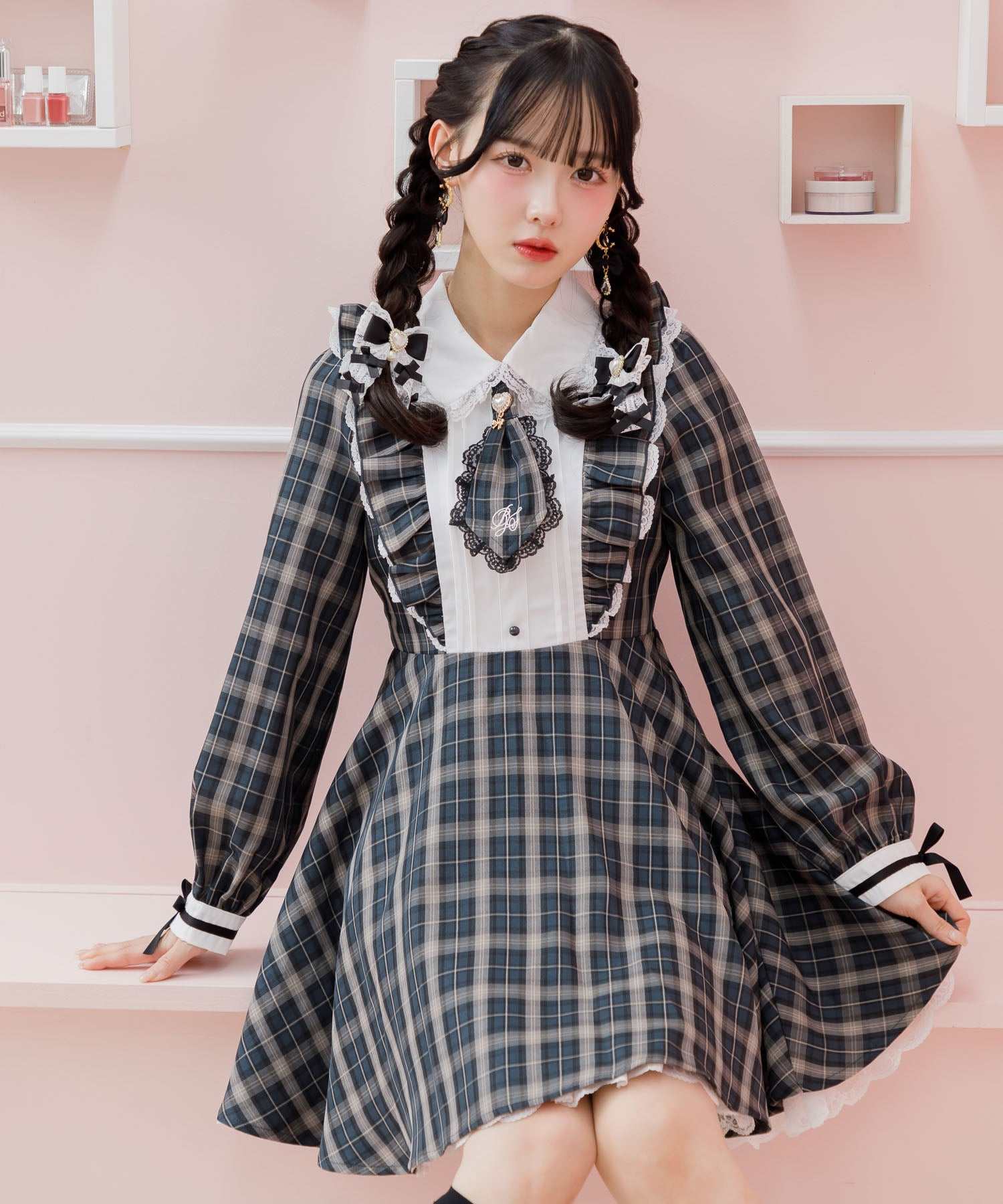 ロジータ ROJITA ロゴ入りネクタイ付きスリーブデザインワンピース (チェック) チェック